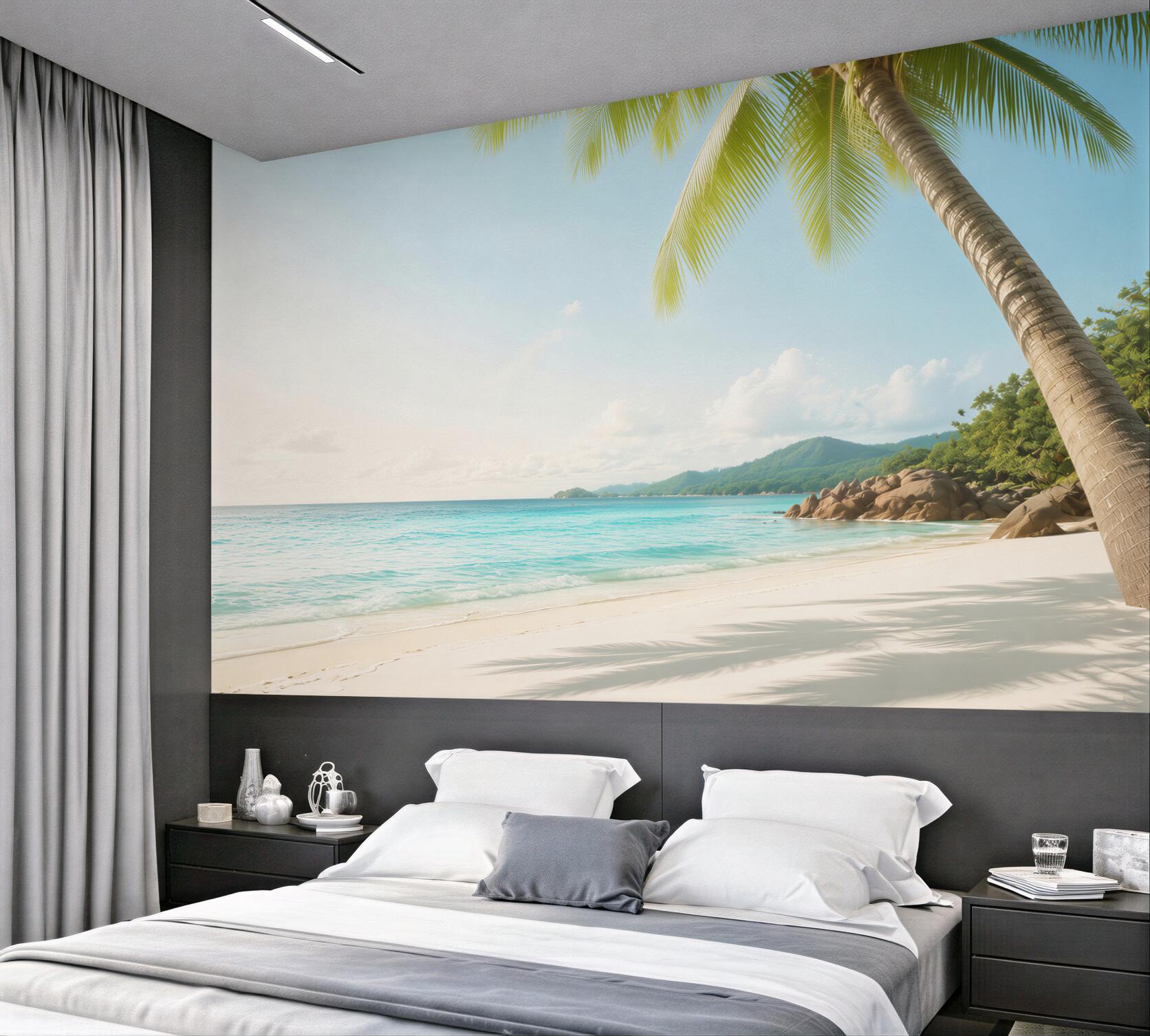 Fototapeta tropikalna plaża z palmą i turkusowym morzem relaksująca?v23