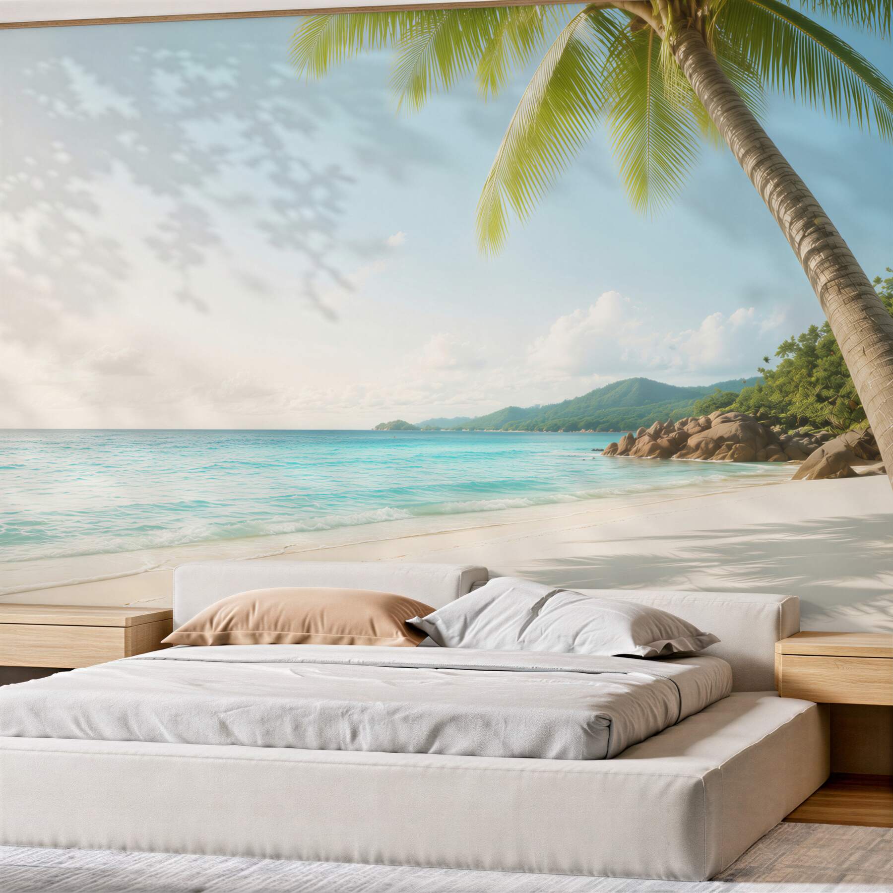 Fototapeta tropikalna plaża z palmą i turkusowym morzem relaksująca?v23