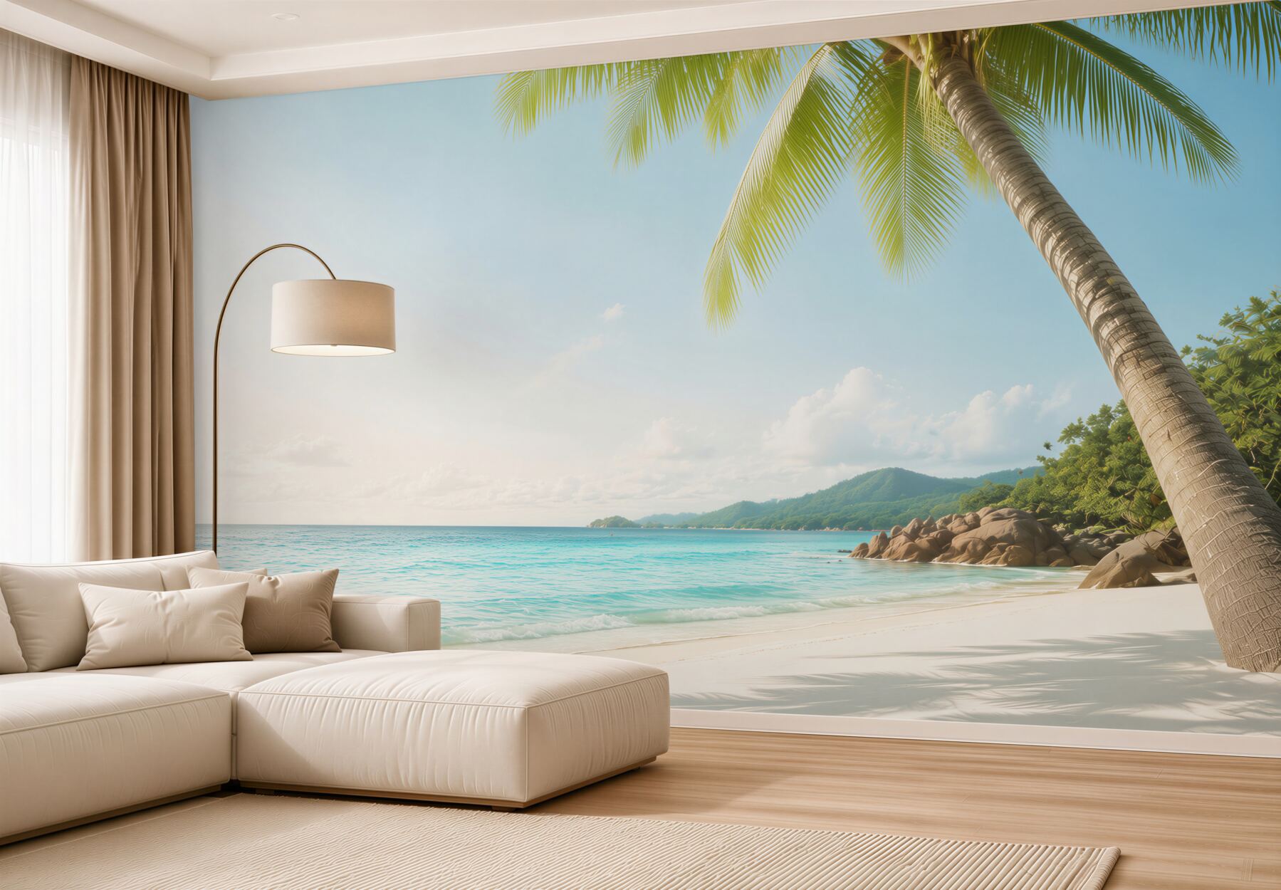 Fototapeta tropikalna plaża z palmą i turkusowym morzem relaksująca?v23