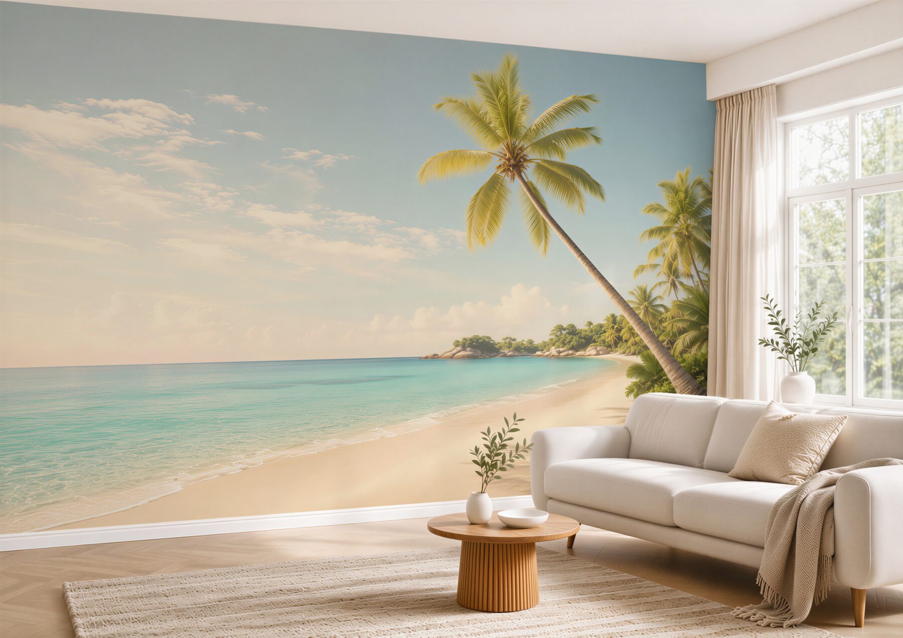 Fototapeta rajska plaża z palmami i spokojnym morzem o zachodzie słońca?v23