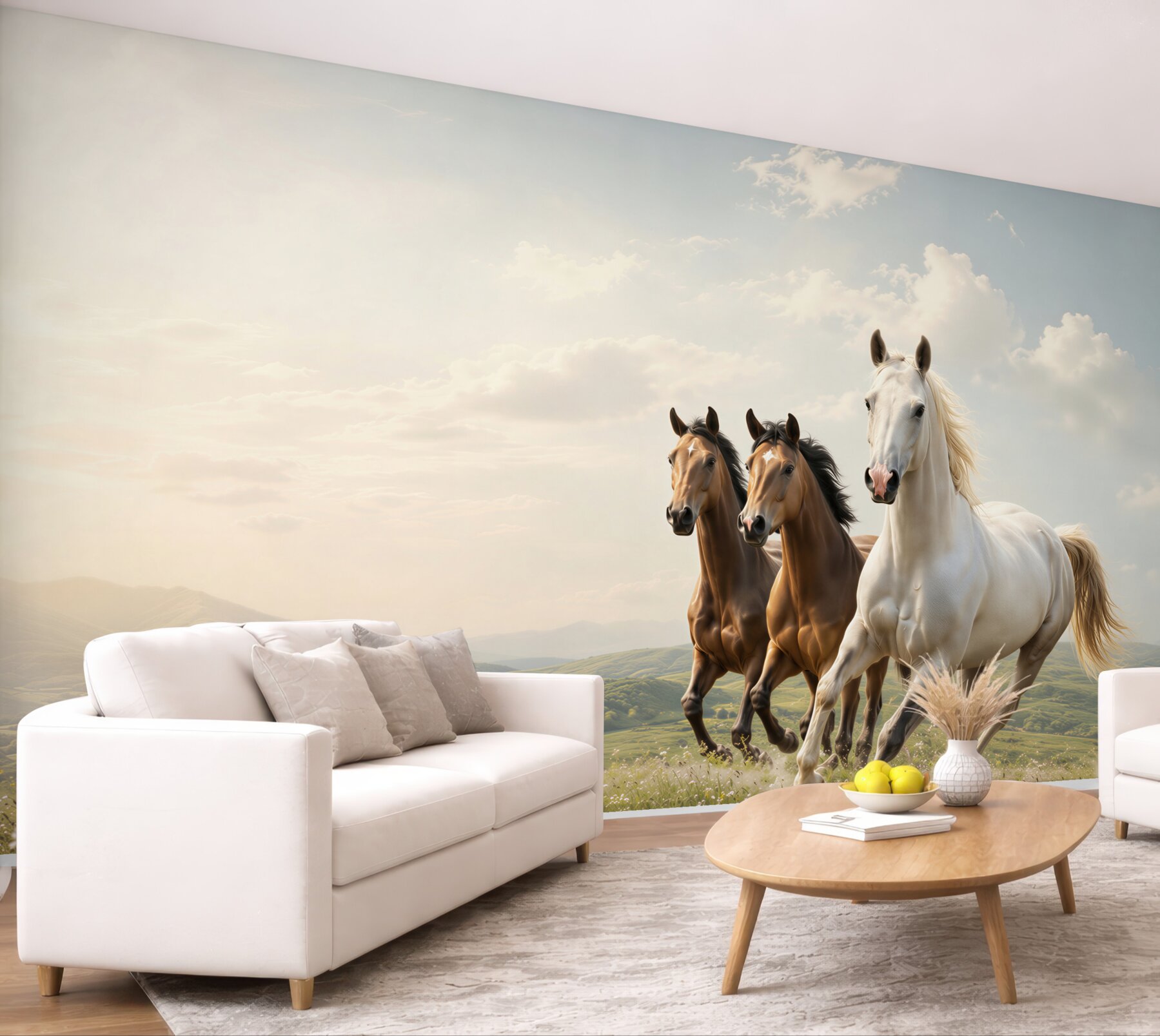 Fototapeta galopujące konie na łące w promieniach słońca panoramiczna?v23