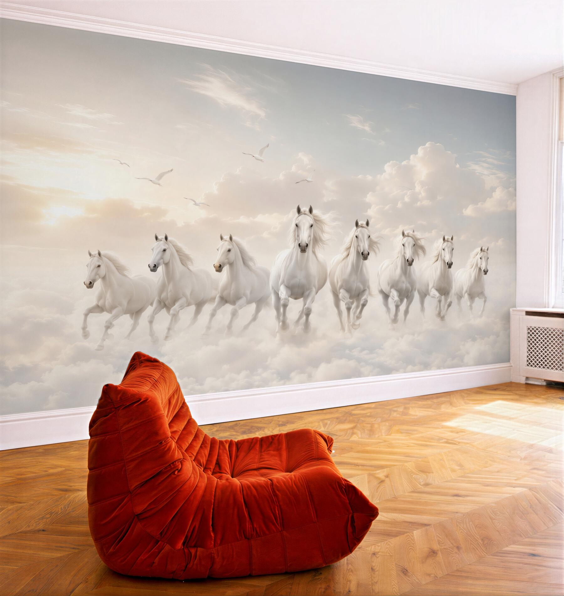 Fototapeta białe konie w chmurach pastelowe niebo fantasy?v23