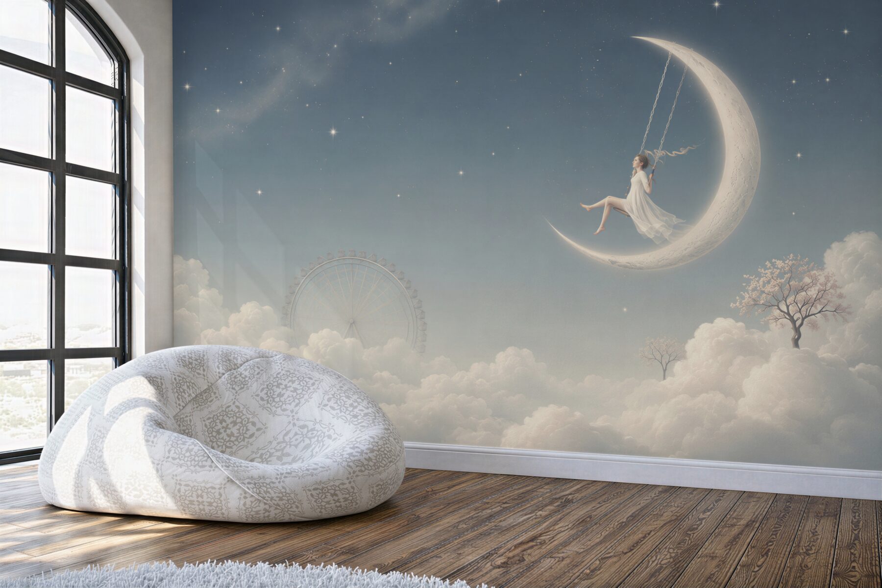 Fototapeta dziewczyna na księżycu w chmurach pastelowa nocna sceneria?v23