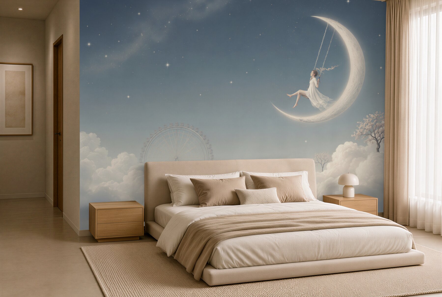 Fototapeta dziewczyna na księżycu w chmurach pastelowa nocna sceneria?v23