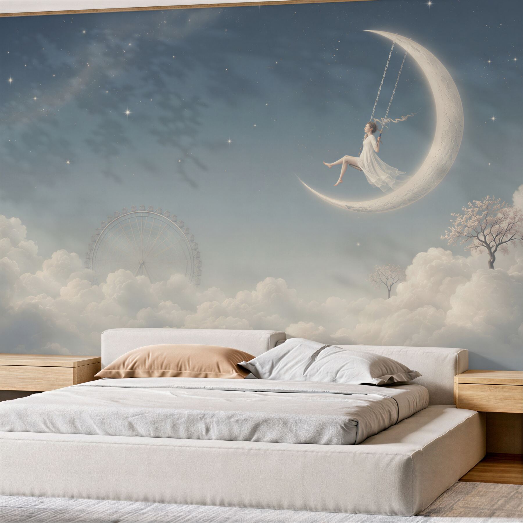 Fototapeta dziewczyna na księżycu w chmurach pastelowa nocna sceneria