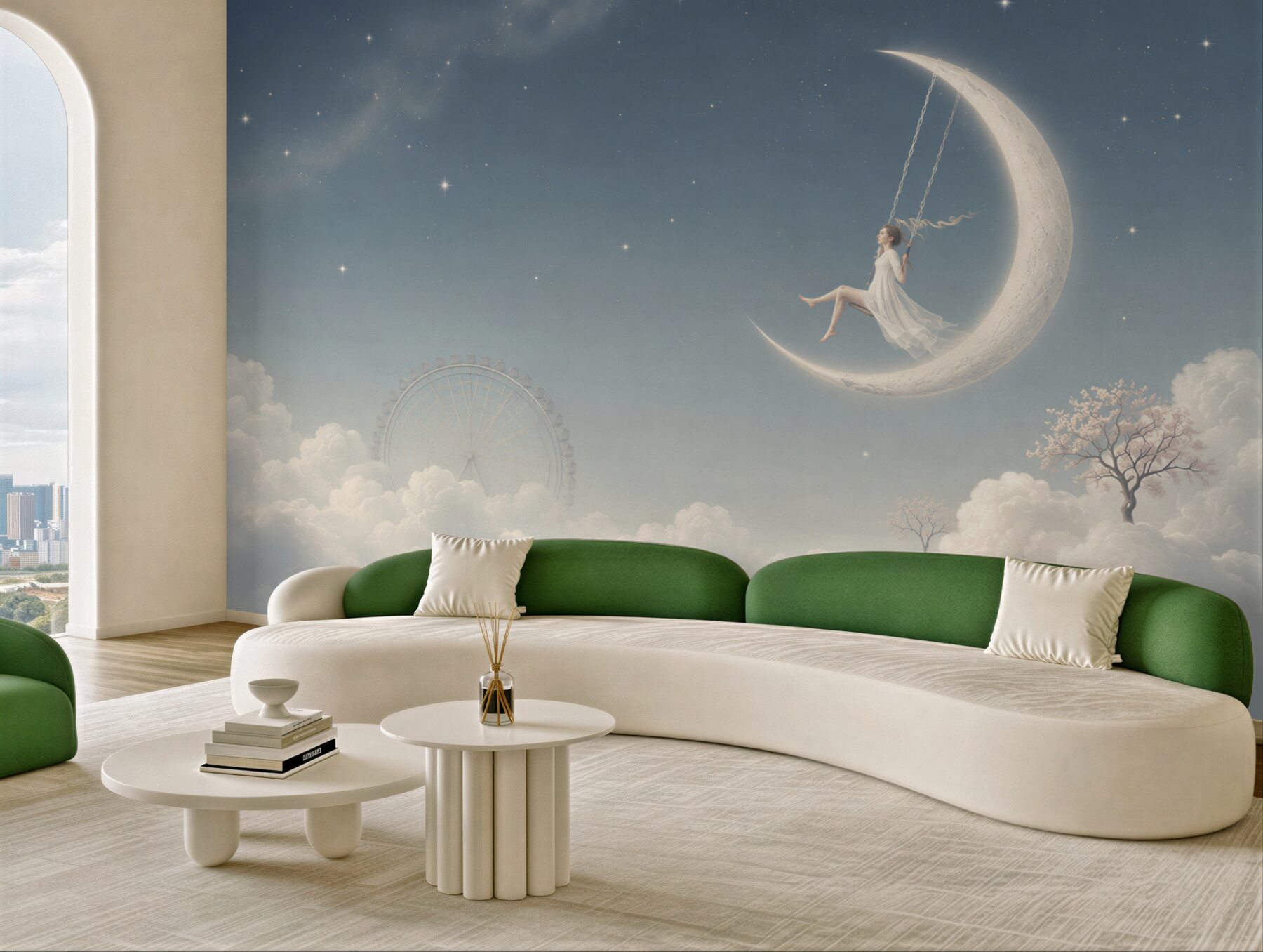 Fototapeta dziewczyna na księżycu w chmurach pastelowa nocna sceneria?v23
