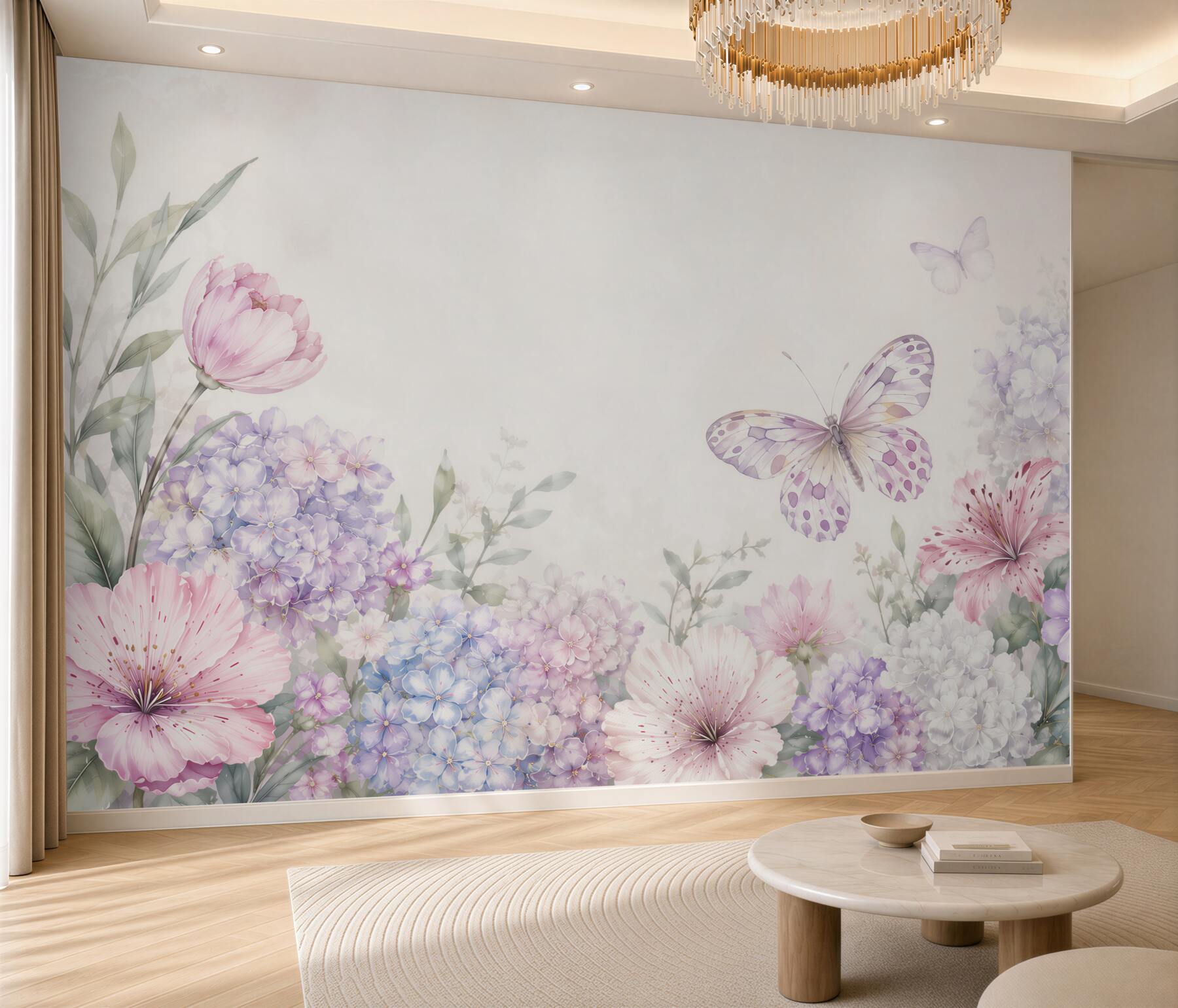 Fototapeta pastelowe kwiaty i motyl w romantycznym stylu do sypialni?v23