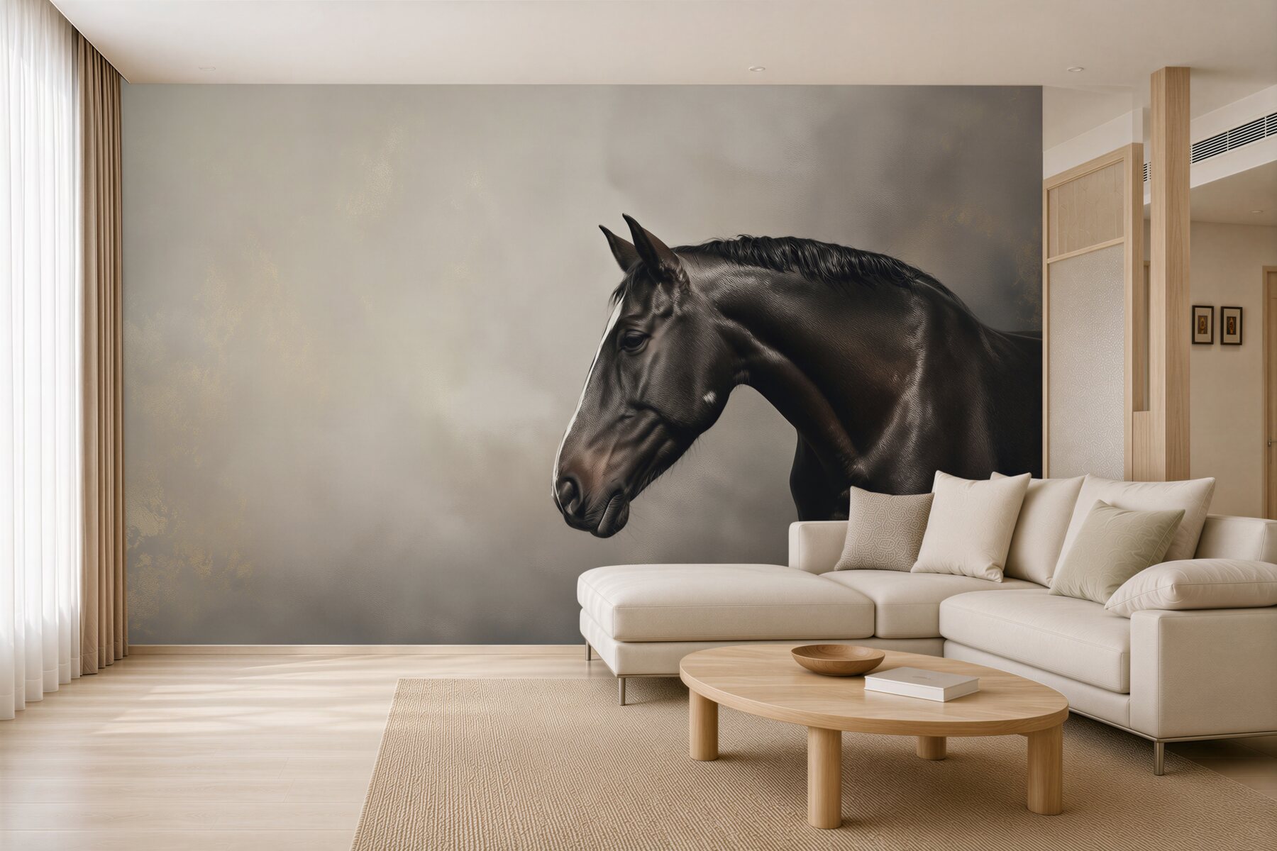 Fototapeta czarny koń portret elegancki na beżowym tle?v23