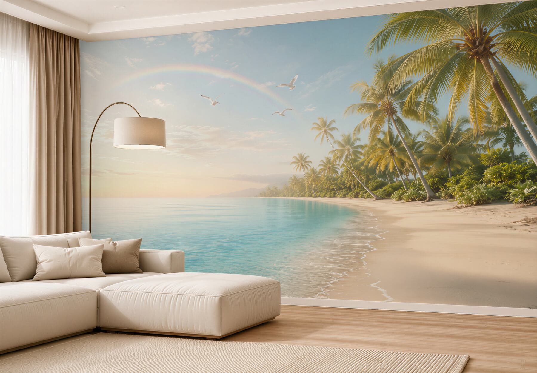 Fototapeta tropikalna plaża z palmami i tęczą nad turkusowym morzem?v23