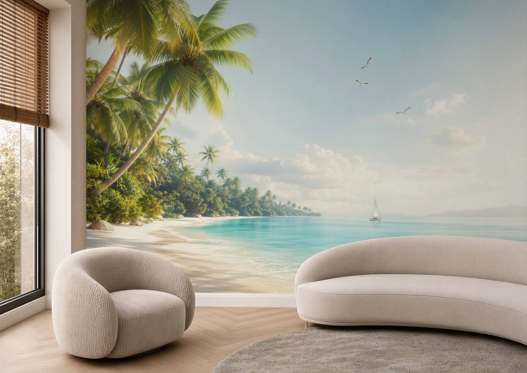 Fototapeta rajska plaża z palmami i żaglówką nad spokojnym morzem?v23