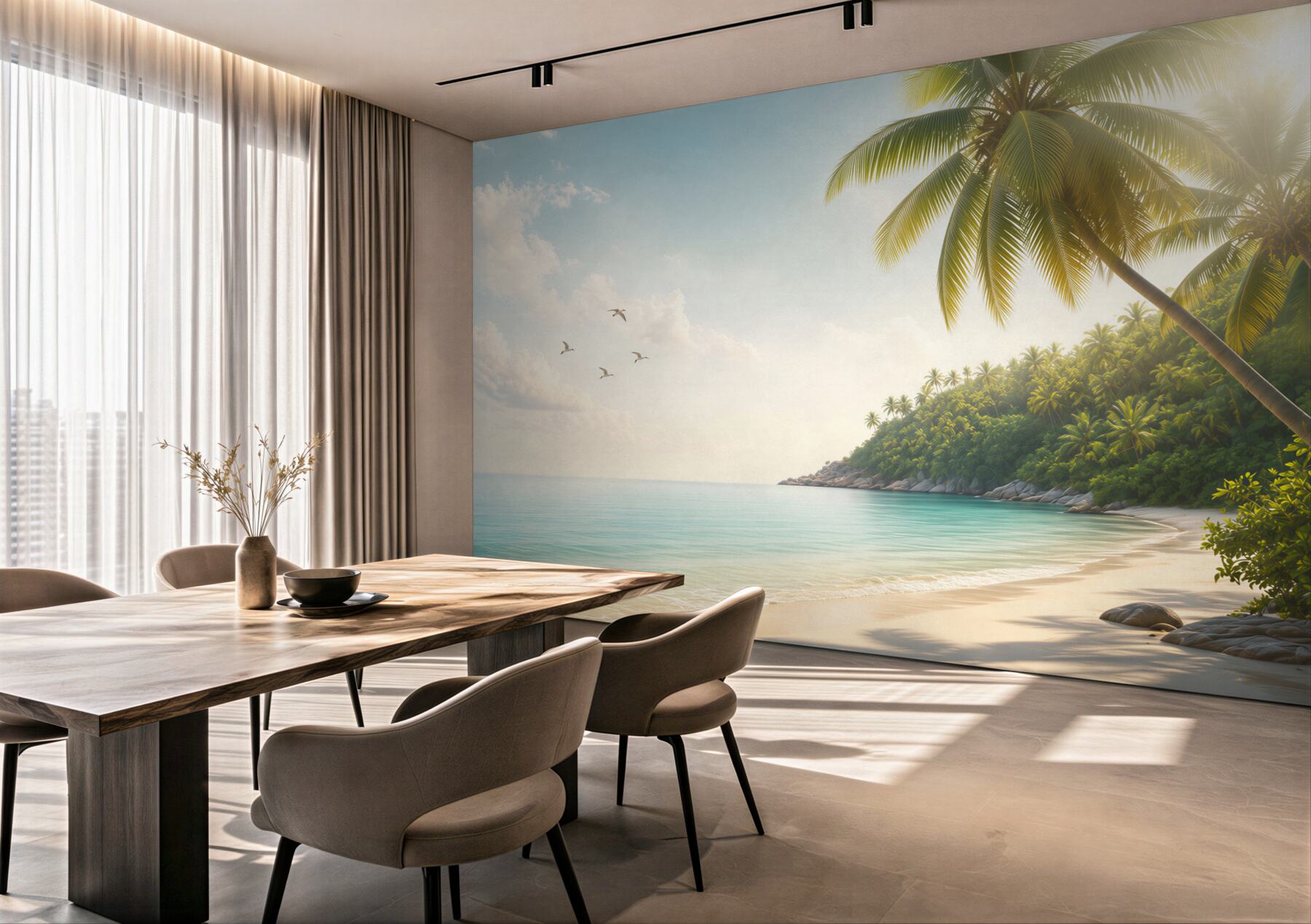 Fototapeta tropikalna plaża z palmami i turkusowym morzem o poranku?v23