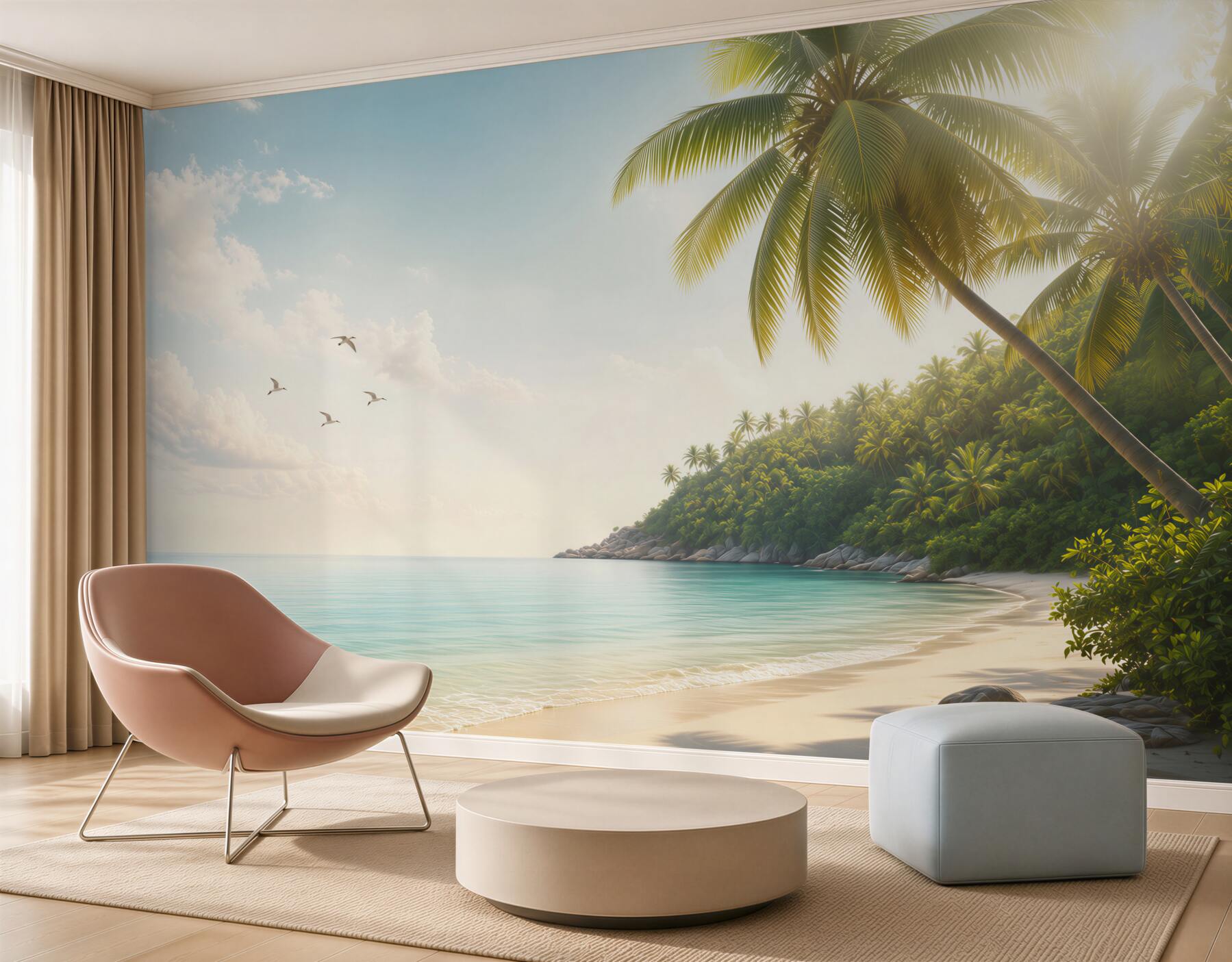 Fototapeta tropikalna plaża z palmami i turkusowym morzem o poranku?v23