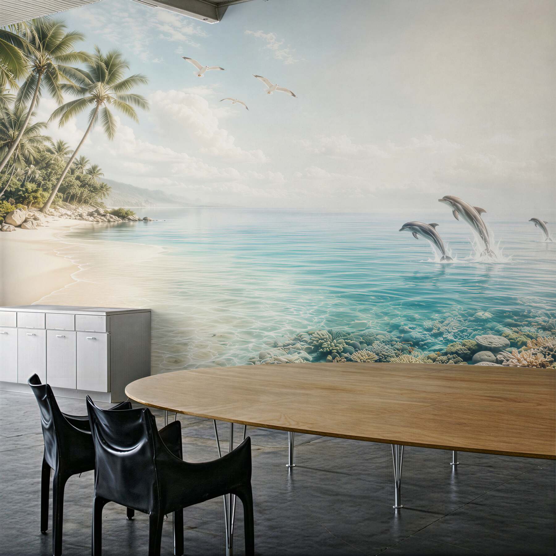 Fototapeta tropikalna plaża z delfinami i palmami w jasnych błękitach?v23