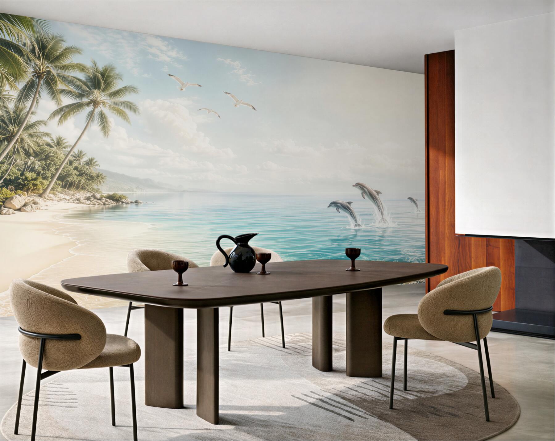 Fototapeta tropikalna plaża z delfinami i palmami w jasnych błękitach?v23