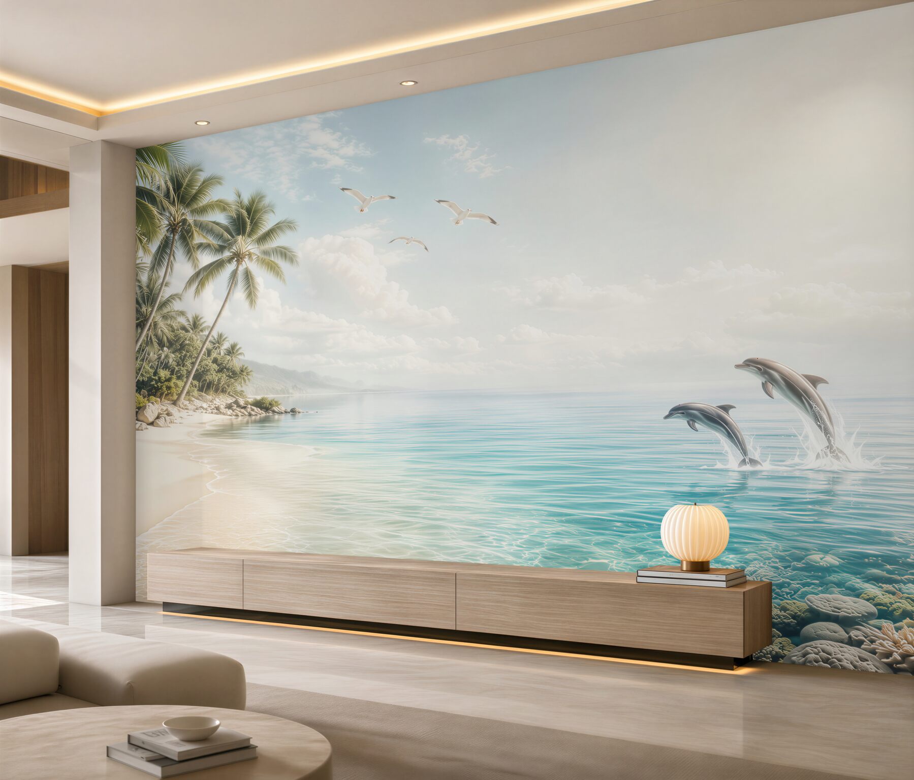 Fototapeta tropikalna plaża z delfinami i palmami w jasnych błękitach?v23