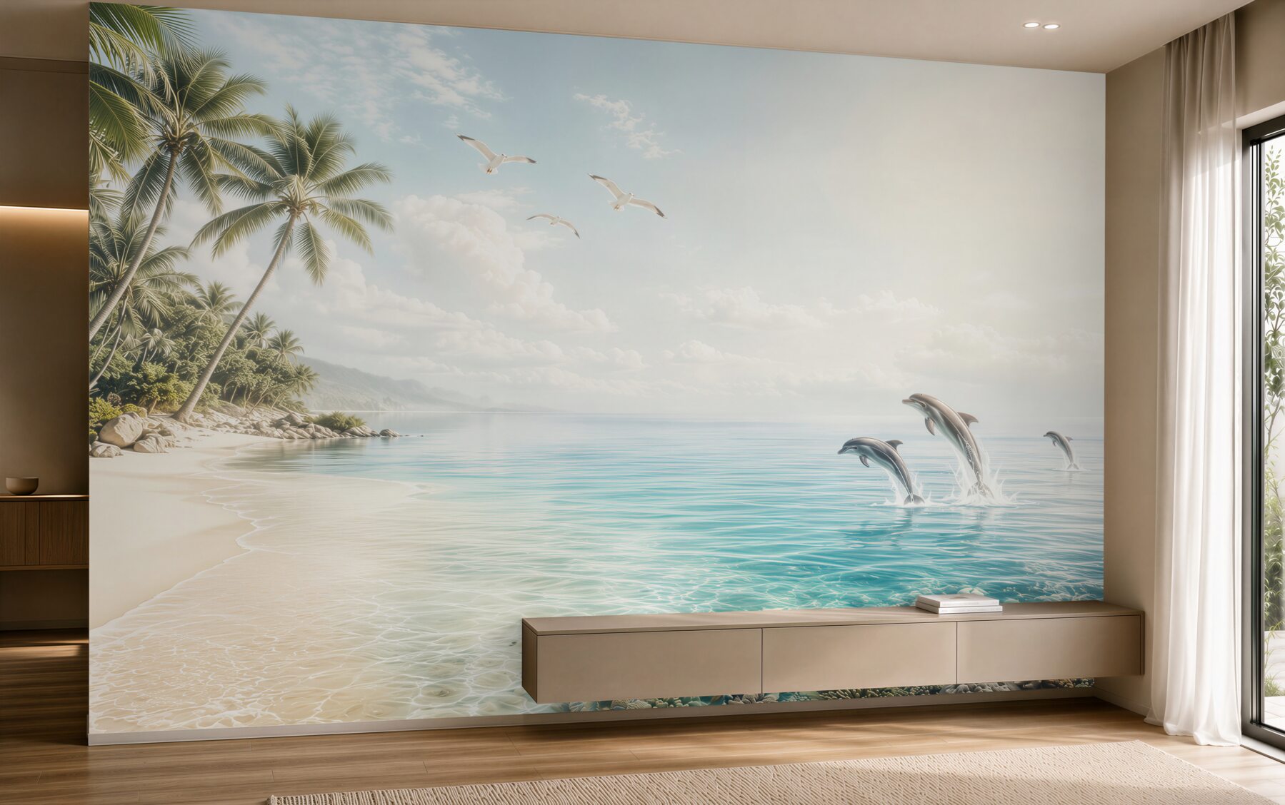 Fototapeta tropikalna plaża z delfinami i palmami w jasnych błękitach?v23