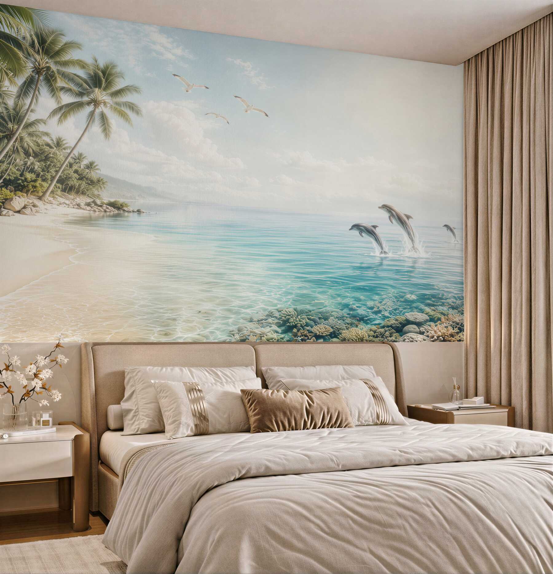 Fototapeta tropikalna plaża z delfinami i palmami w jasnych błękitach?v23