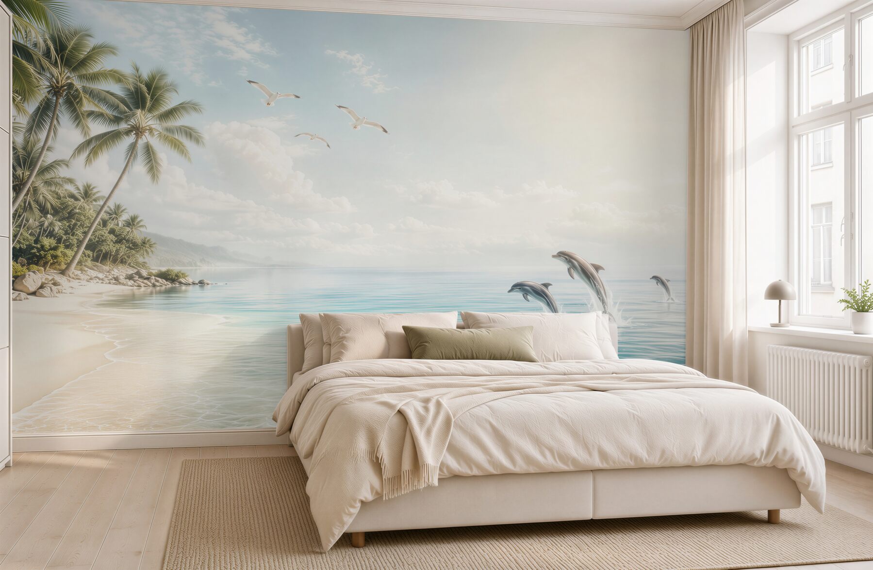 Fototapeta tropikalna plaża z delfinami i palmami w jasnych błękitach?v23