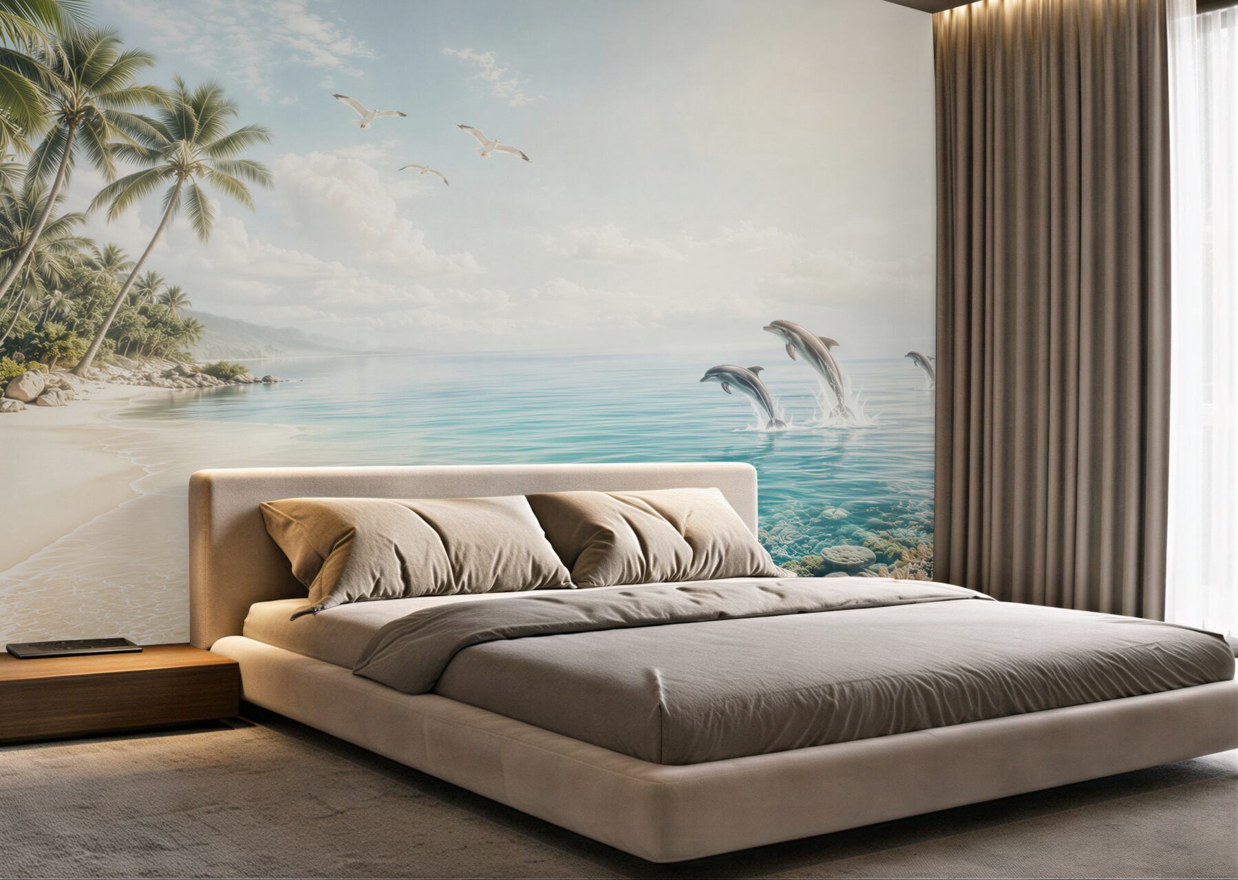 Fototapeta tropikalna plaża z delfinami i palmami w jasnych błękitach?v23