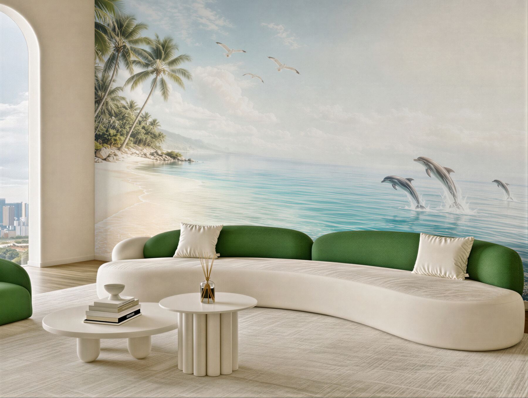 Fototapeta tropikalna plaża z delfinami i palmami w jasnych błękitach?v23