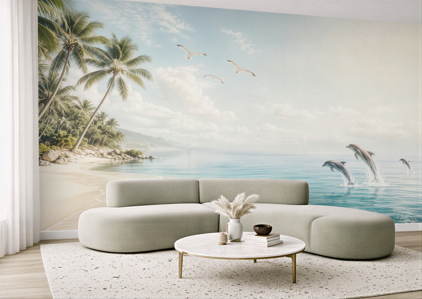 Fototapeta tropikalna plaża z delfinami i palmami w jasnych błękitach?v23