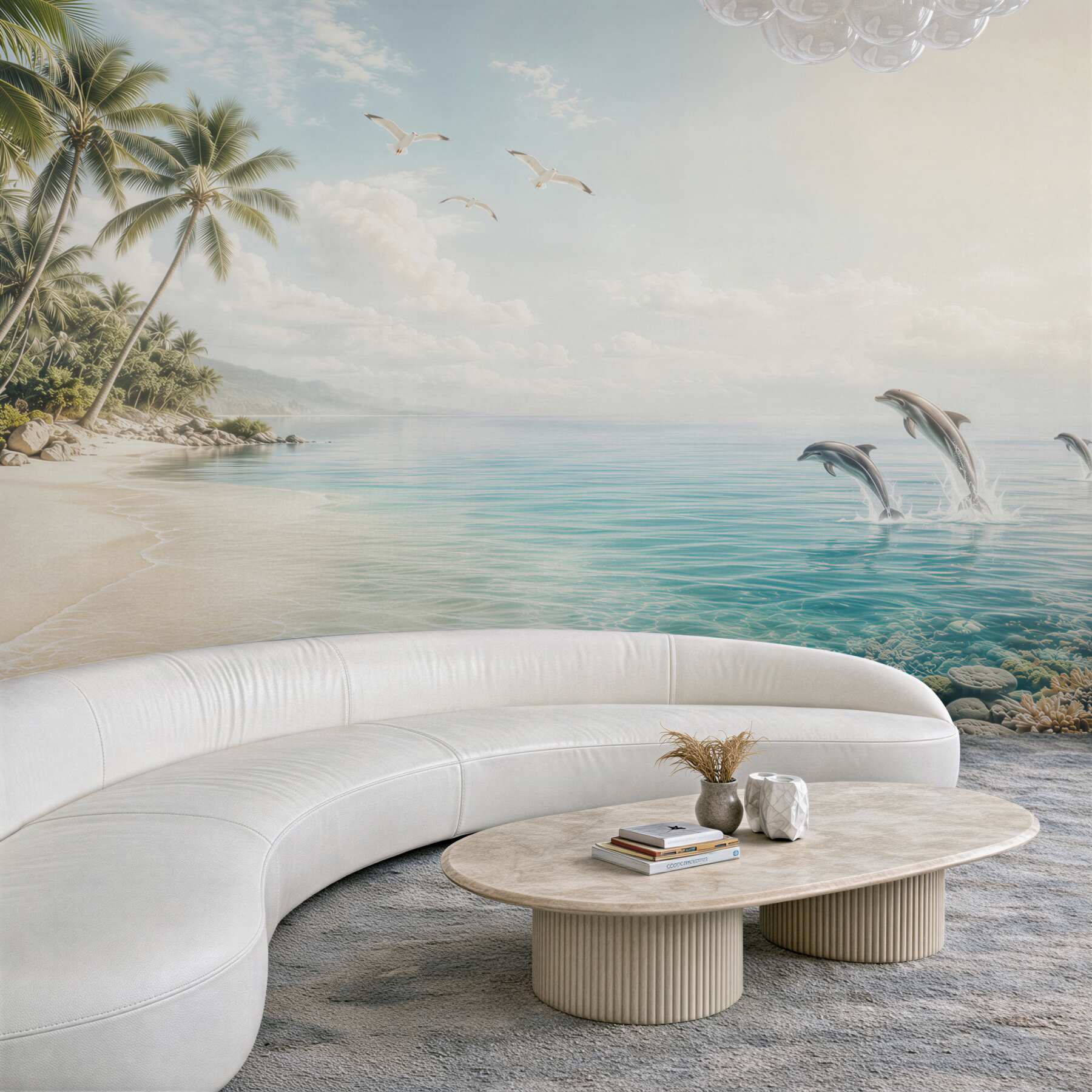 Fototapeta tropikalna plaża z delfinami i palmami w jasnych błękitach