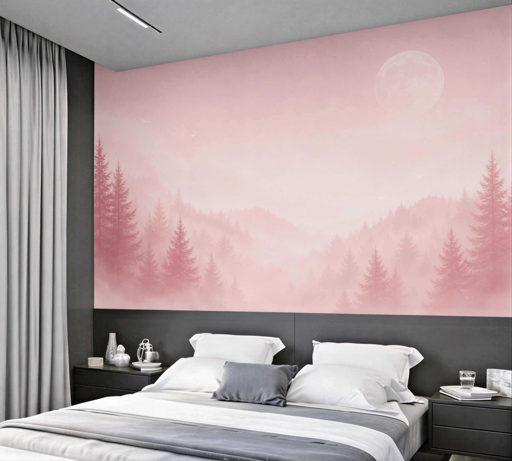 Fototapeta różowy las we mgle z księżycem baśniowy pejzaż?v23