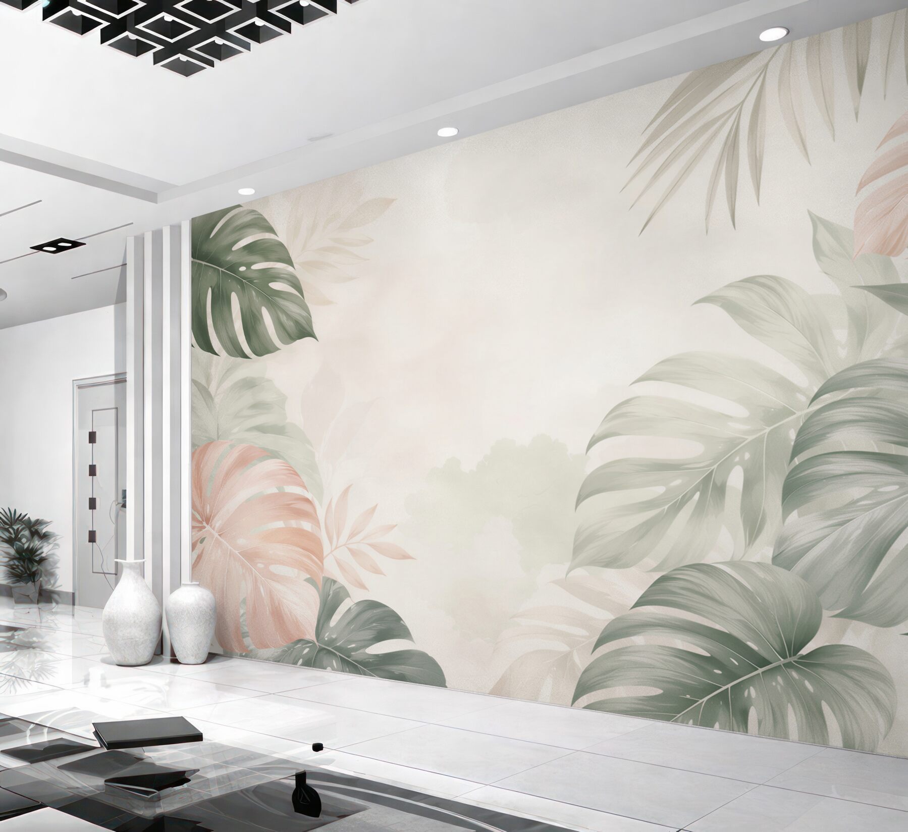 Fototapeta liście monstera pastelowe beżowo zielone w stylu tropical?v23