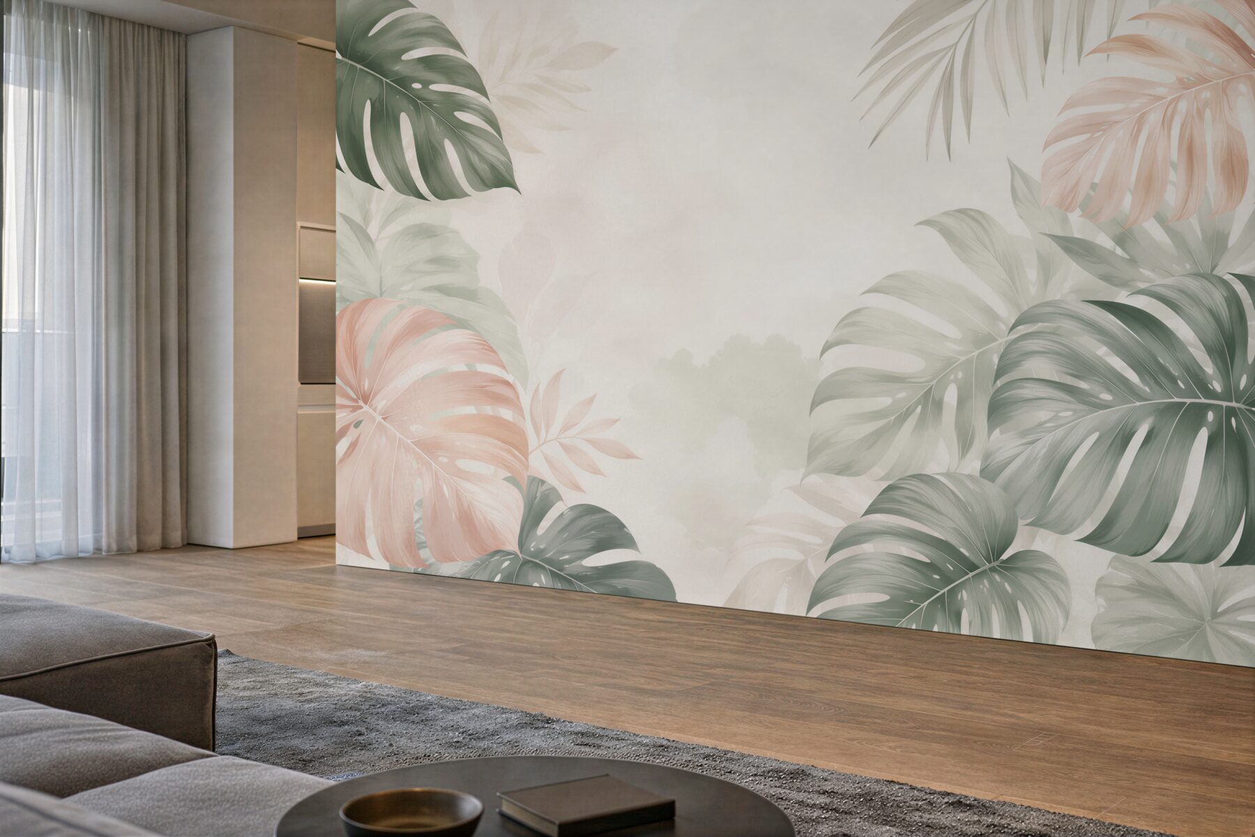 Fototapeta liście monstera pastelowe beżowo zielone w stylu tropical?v23