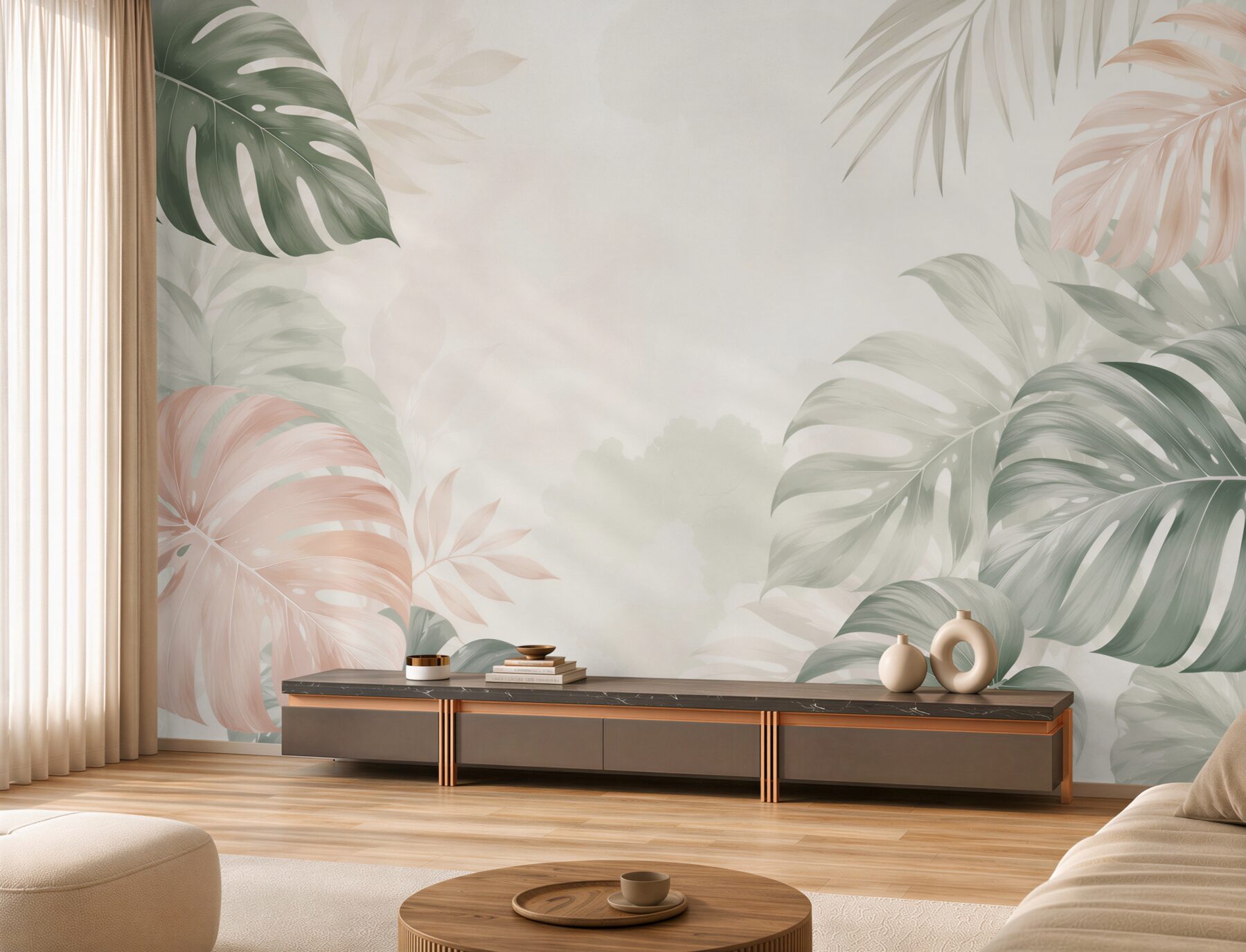 Fototapeta liście monstera pastelowe beżowo zielone w stylu tropical?v23