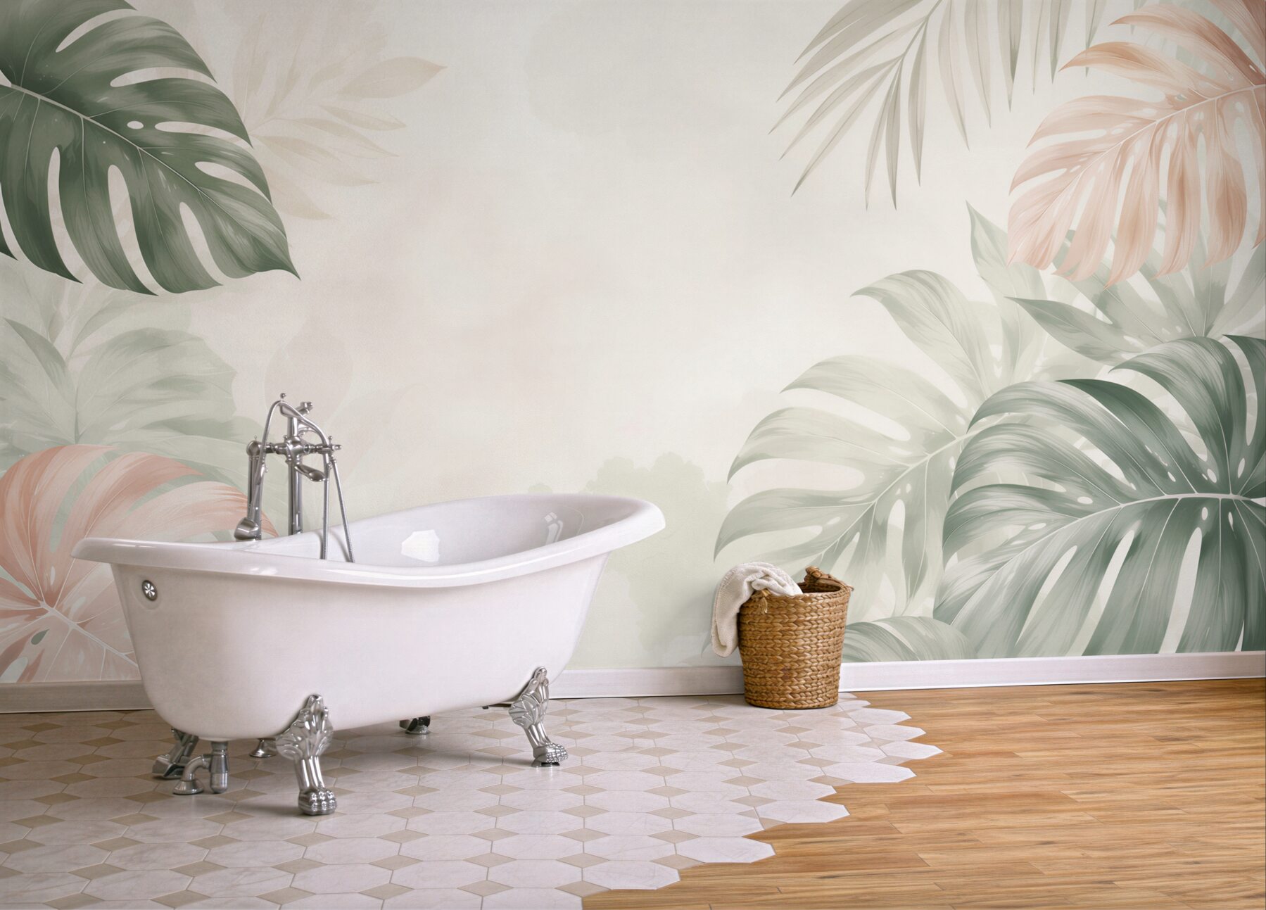 Fototapeta liście monstera pastelowe beżowo zielone w stylu tropical?v23