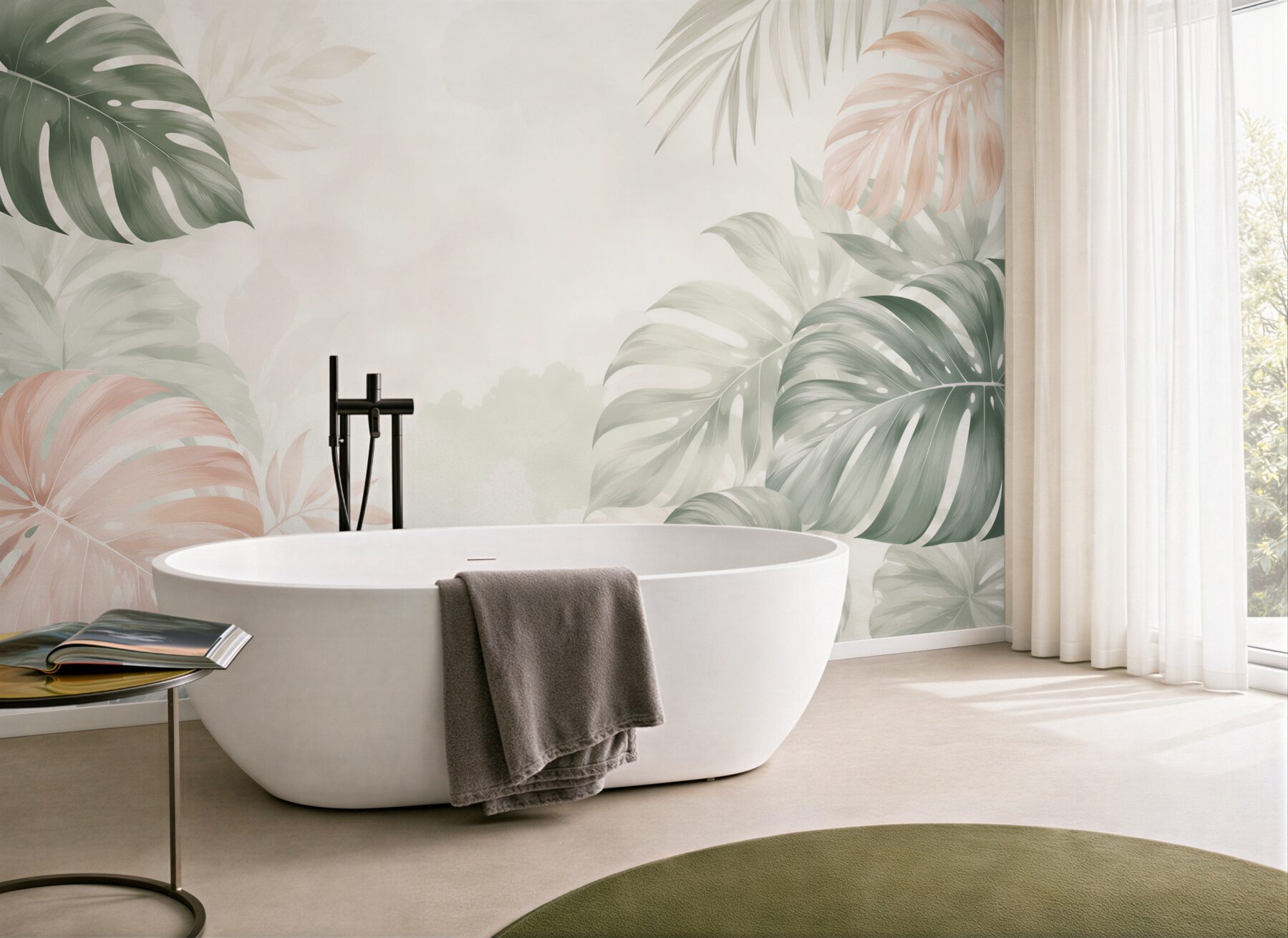 Fototapeta liście monstera pastelowe beżowo zielone w stylu tropical?v23