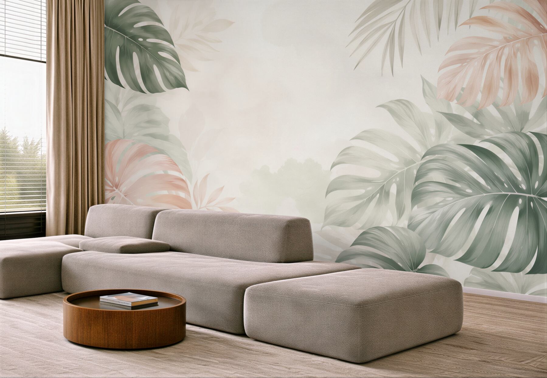 Fototapeta liście monstera pastelowe beżowo zielone w stylu tropical?v23