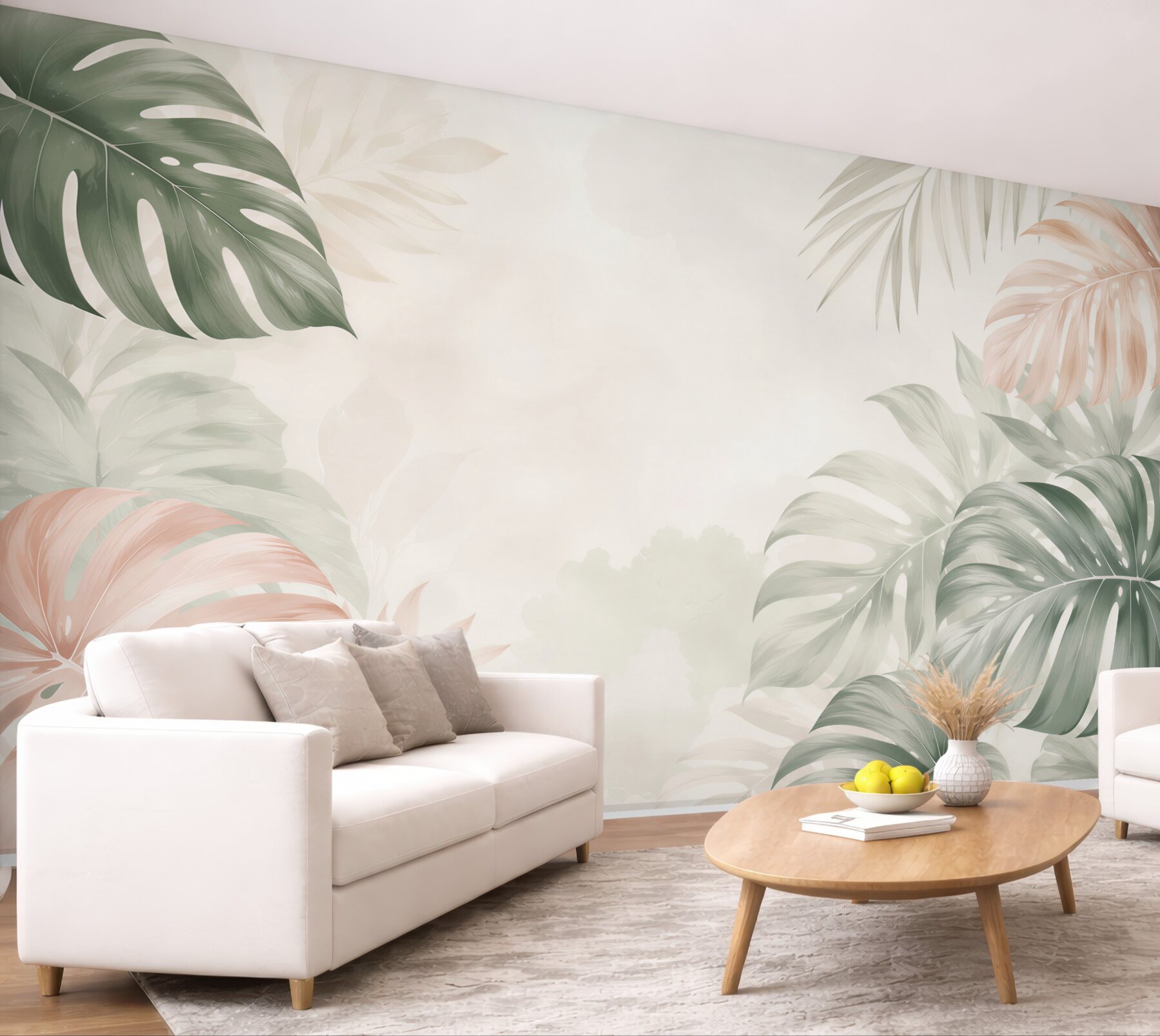 Fototapeta liście monstera pastelowe beżowo zielone w stylu tropical