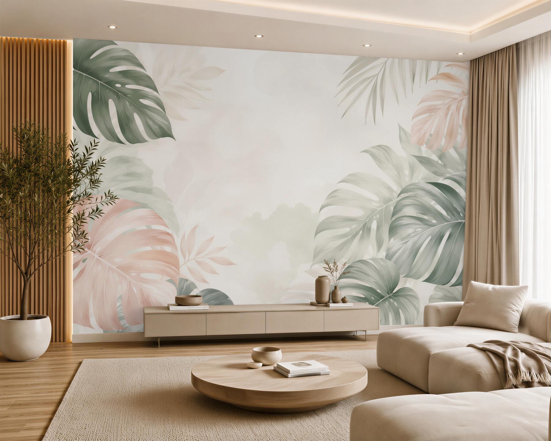 Fototapeta liście monstera pastelowe beżowo zielone w stylu tropical?v23