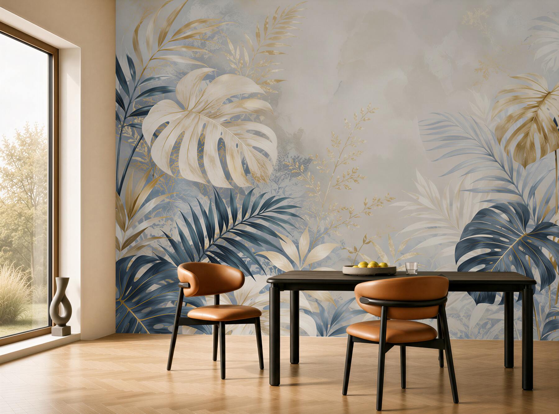 Fototapeta liście monstera granatowo złote eleganckie tropikalne do salonu?v23