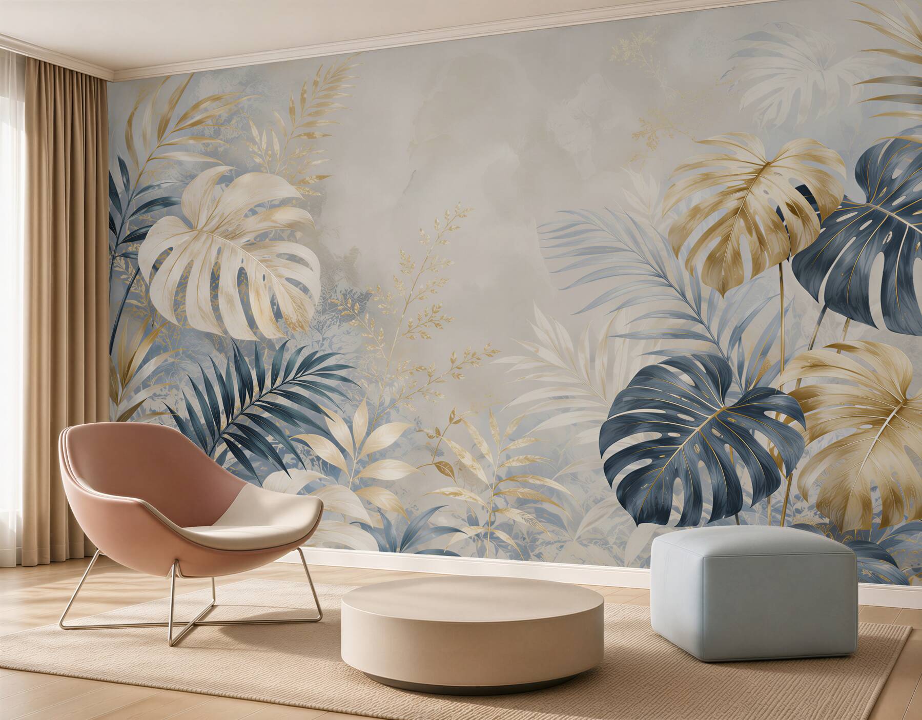 Fototapeta liście monstera granatowo złote eleganckie tropikalne do salonu