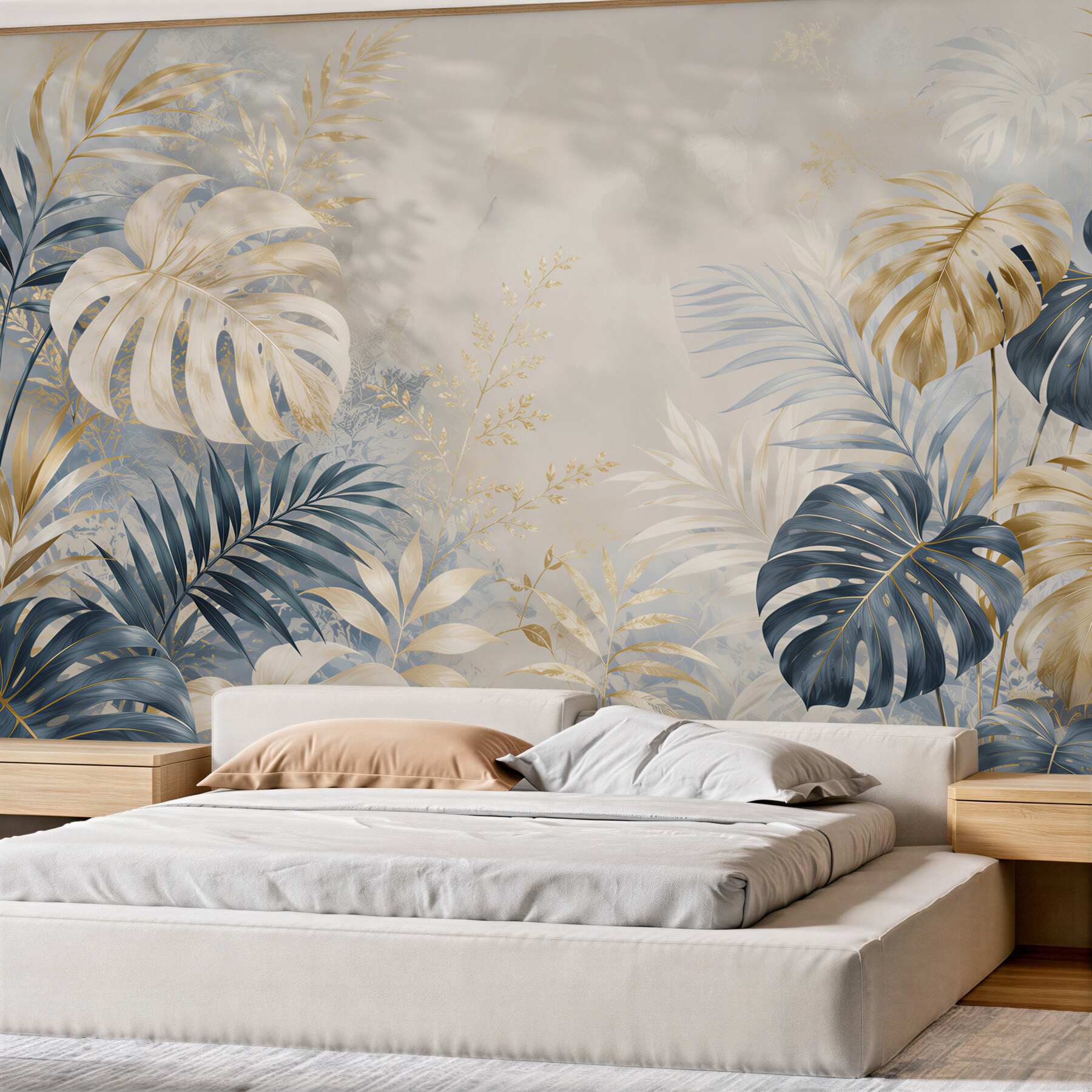 Fototapeta liście monstera granatowo złote eleganckie tropikalne do salonu?v23
