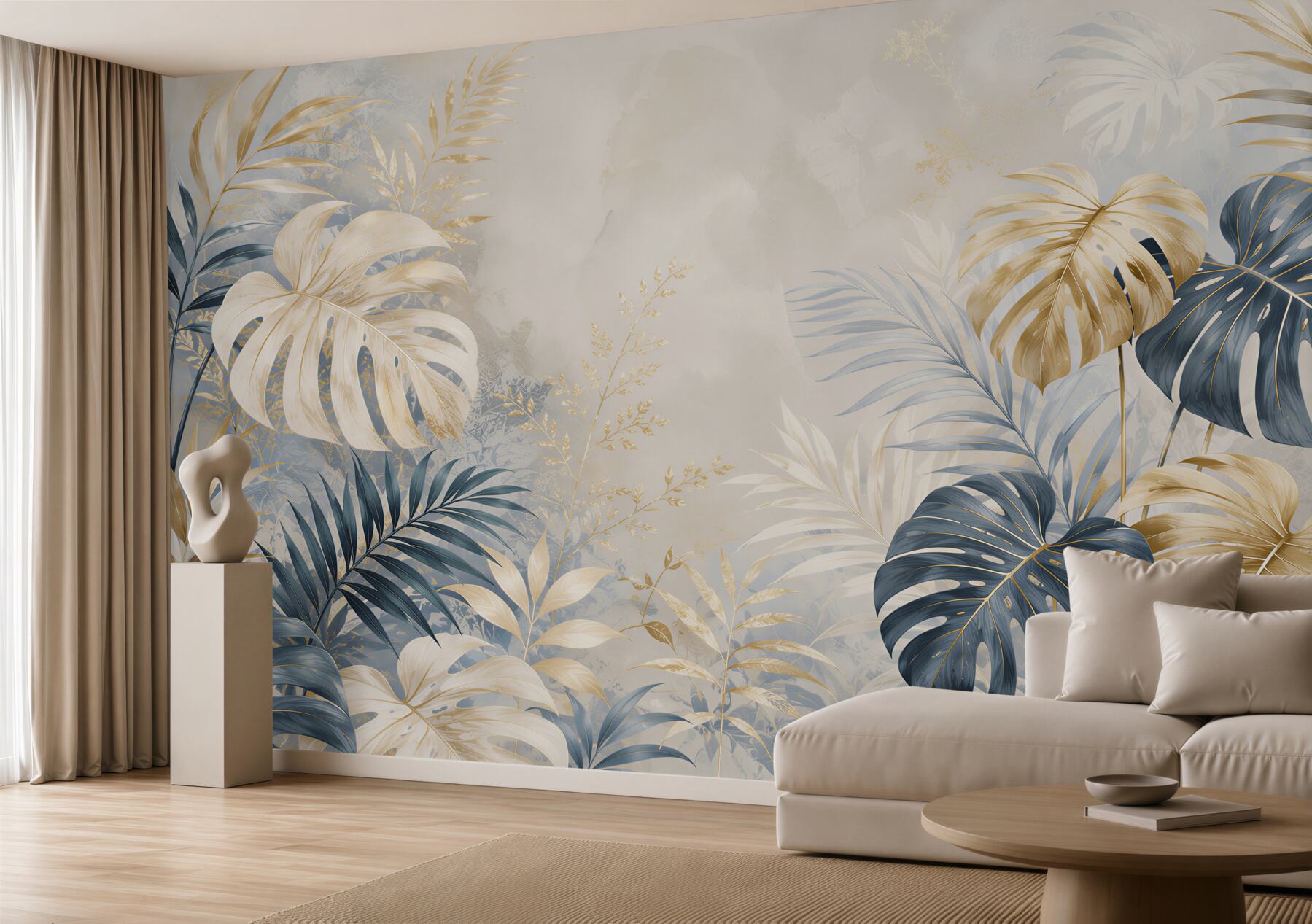 Fototapeta liście monstera granatowo złote eleganckie tropikalne do salonu?v23