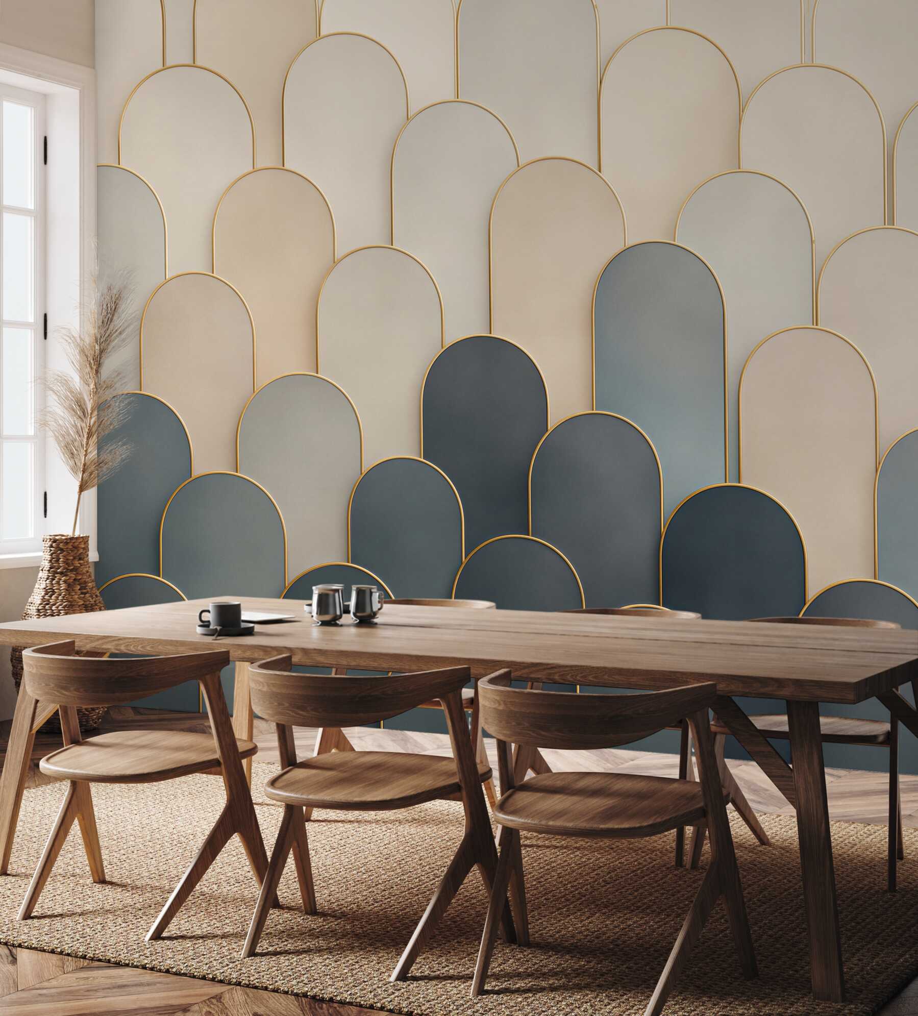 Fototapeta geometryczne łuki beżowo granatowe ze złotymi liniami art déco?v23