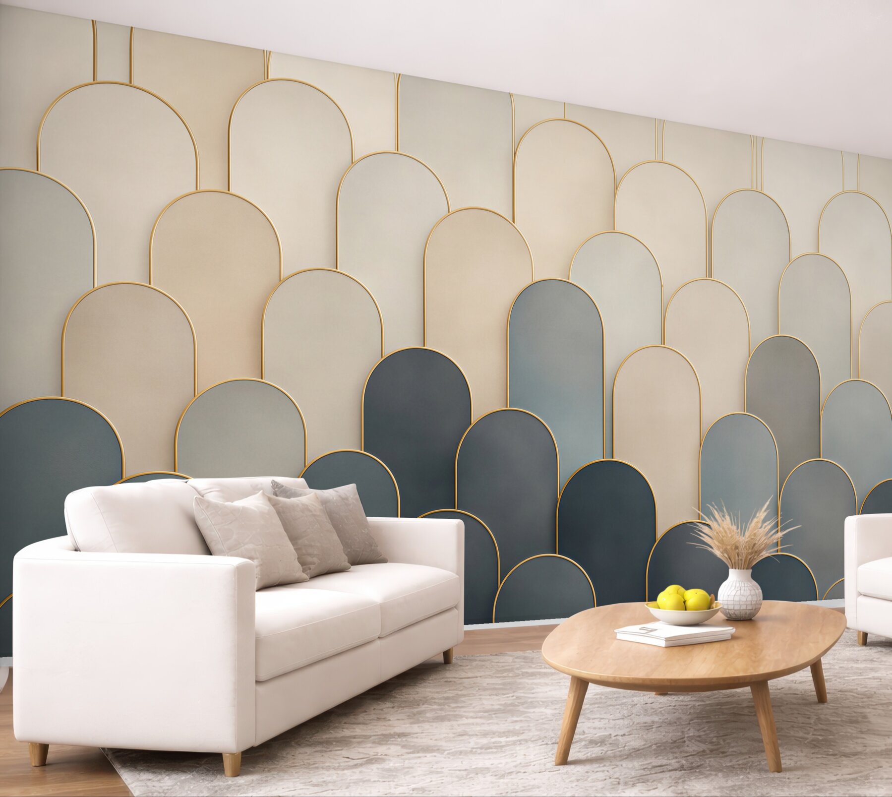 Fototapeta geometryczne łuki beżowo granatowe ze złotymi liniami art déco?v23
