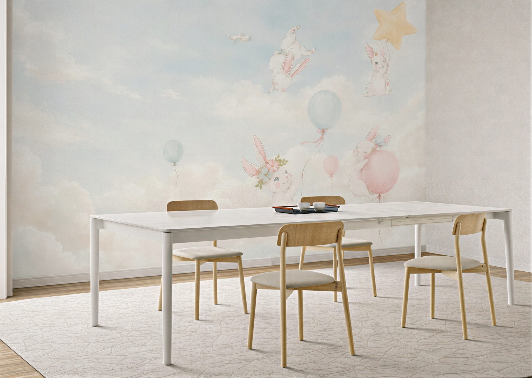 Fototapeta pastelowe króliczki z balonami w chmurach do pokoju dziecka?v23