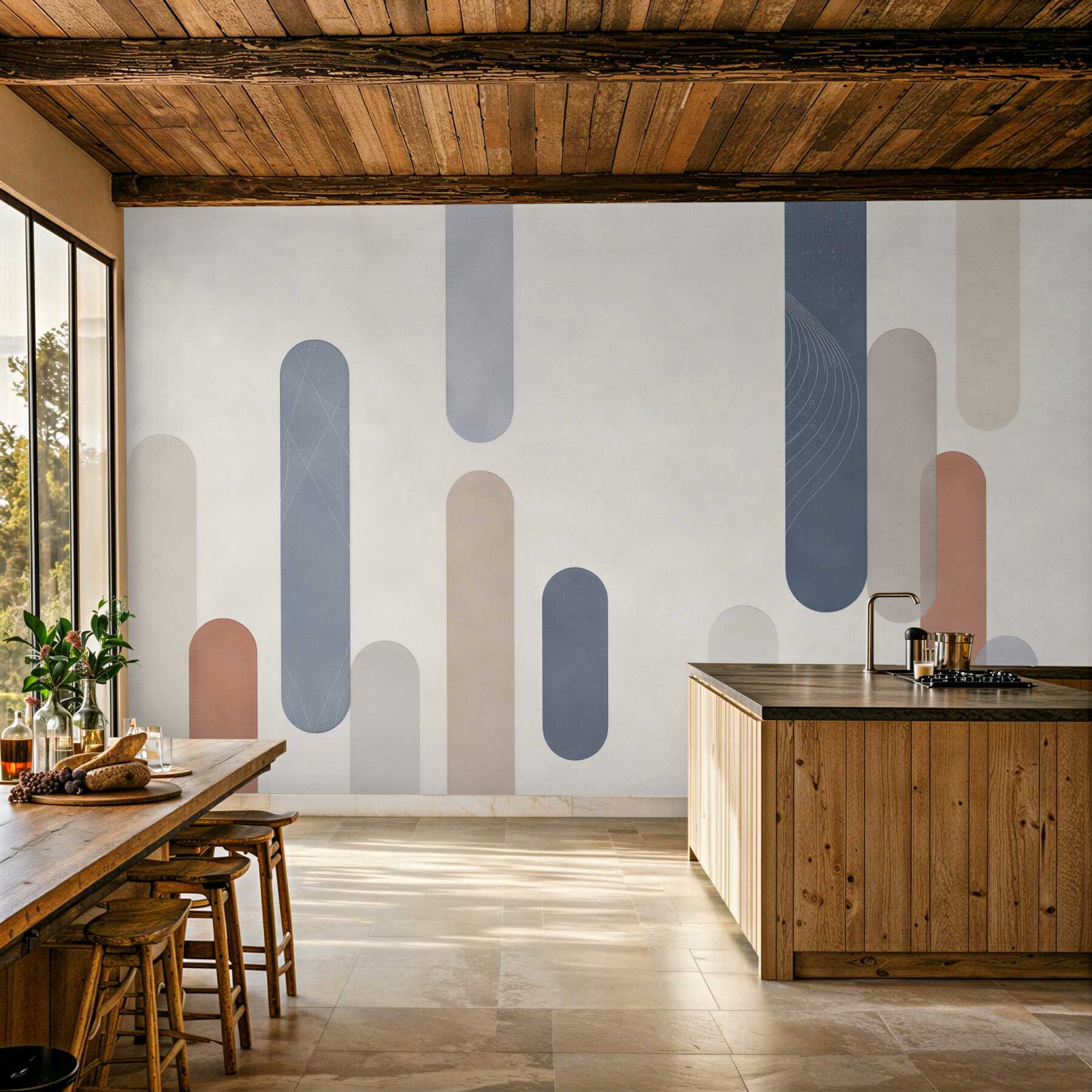 Fototapeta geometryczne pasy pastelowe beżowo niebieskie nowoczesna?v23