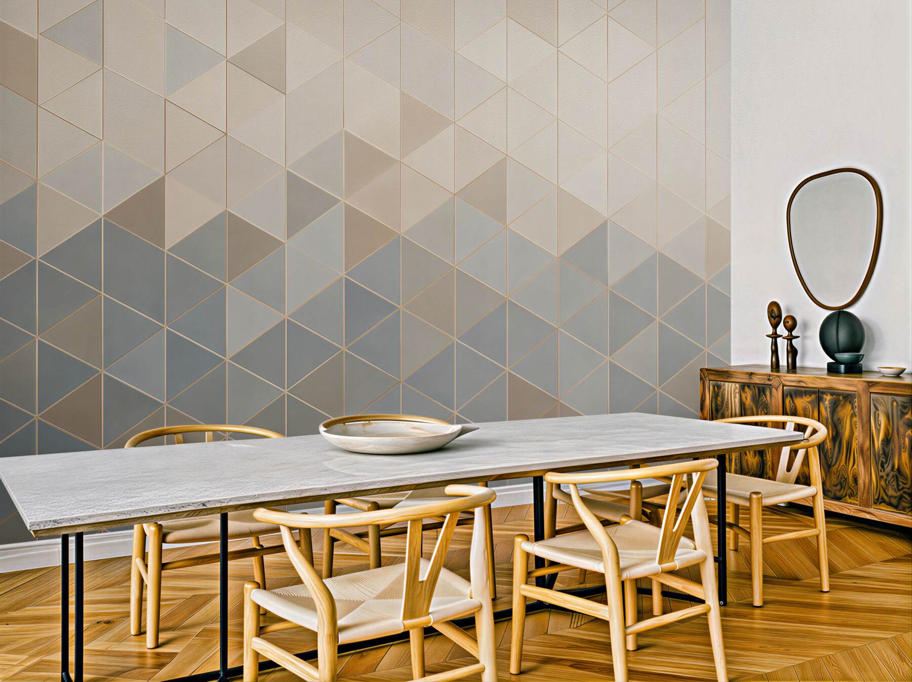 Fototapeta geometryczne trójkąty beżowo szare z delikatną złotą linią?v23