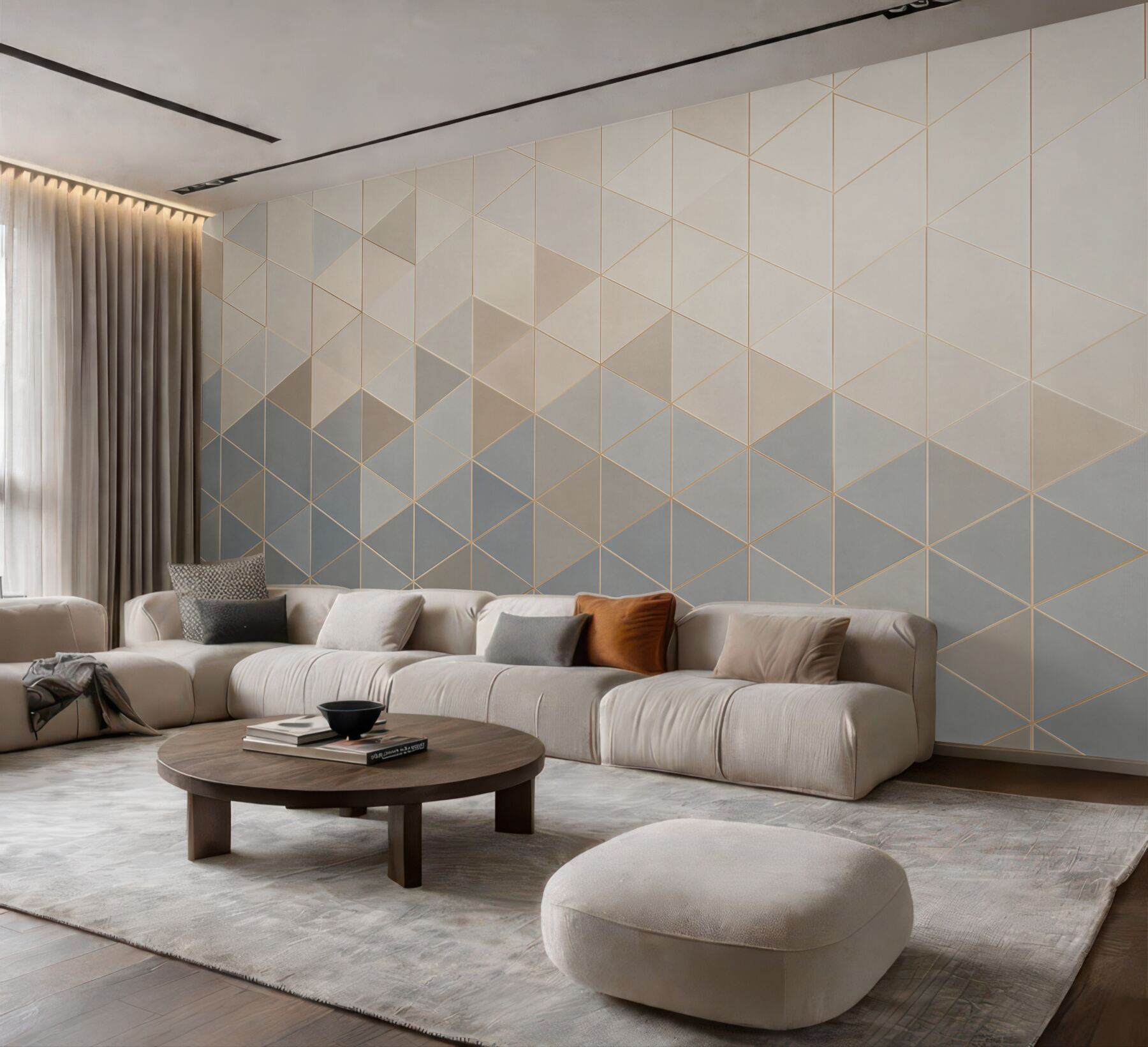 Fototapeta geometryczne trójkąty beżowo szare z delikatną złotą linią?v23
