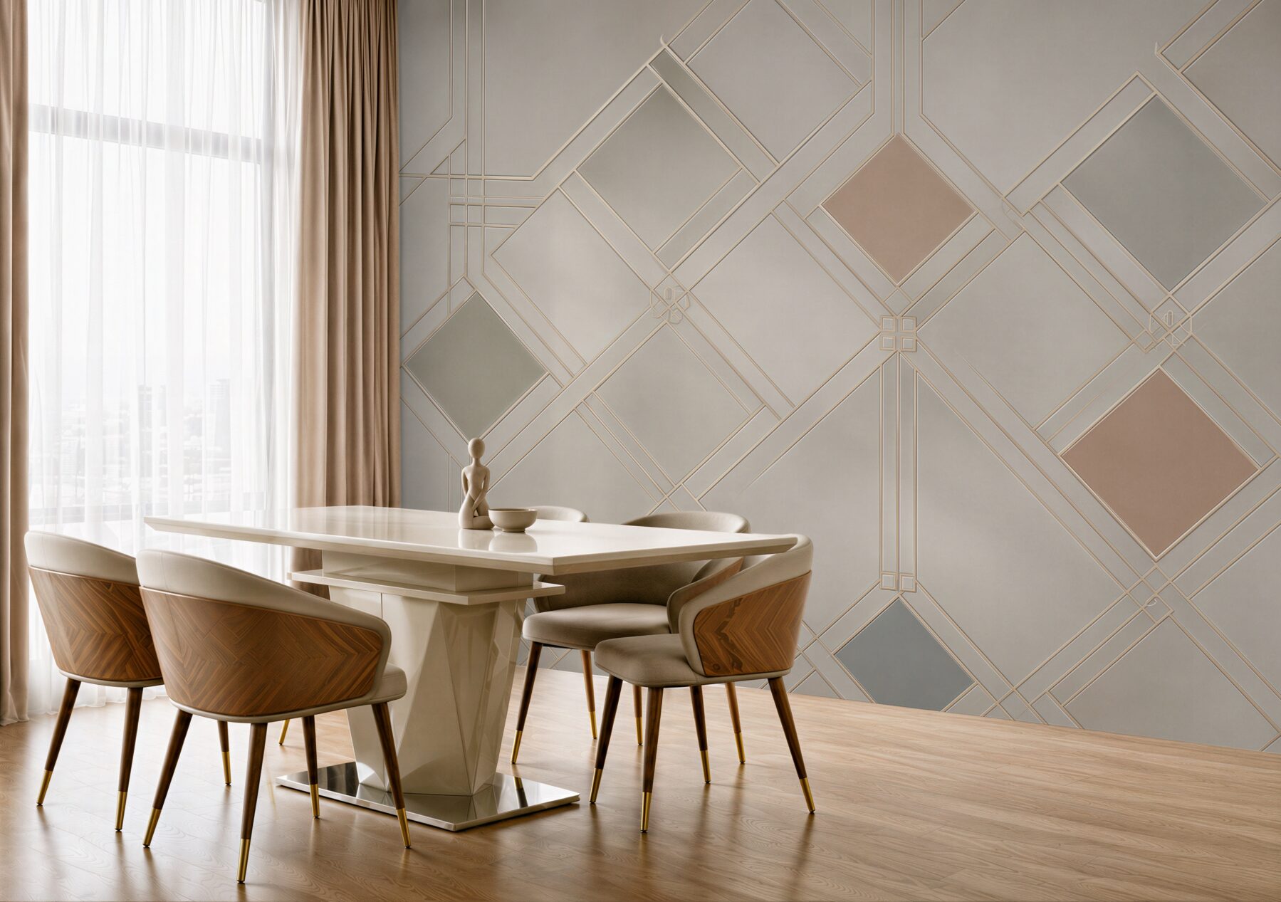 Fototapeta geometryczna kratka art deco beżowa z subtelnymi złotymi liniami?v23