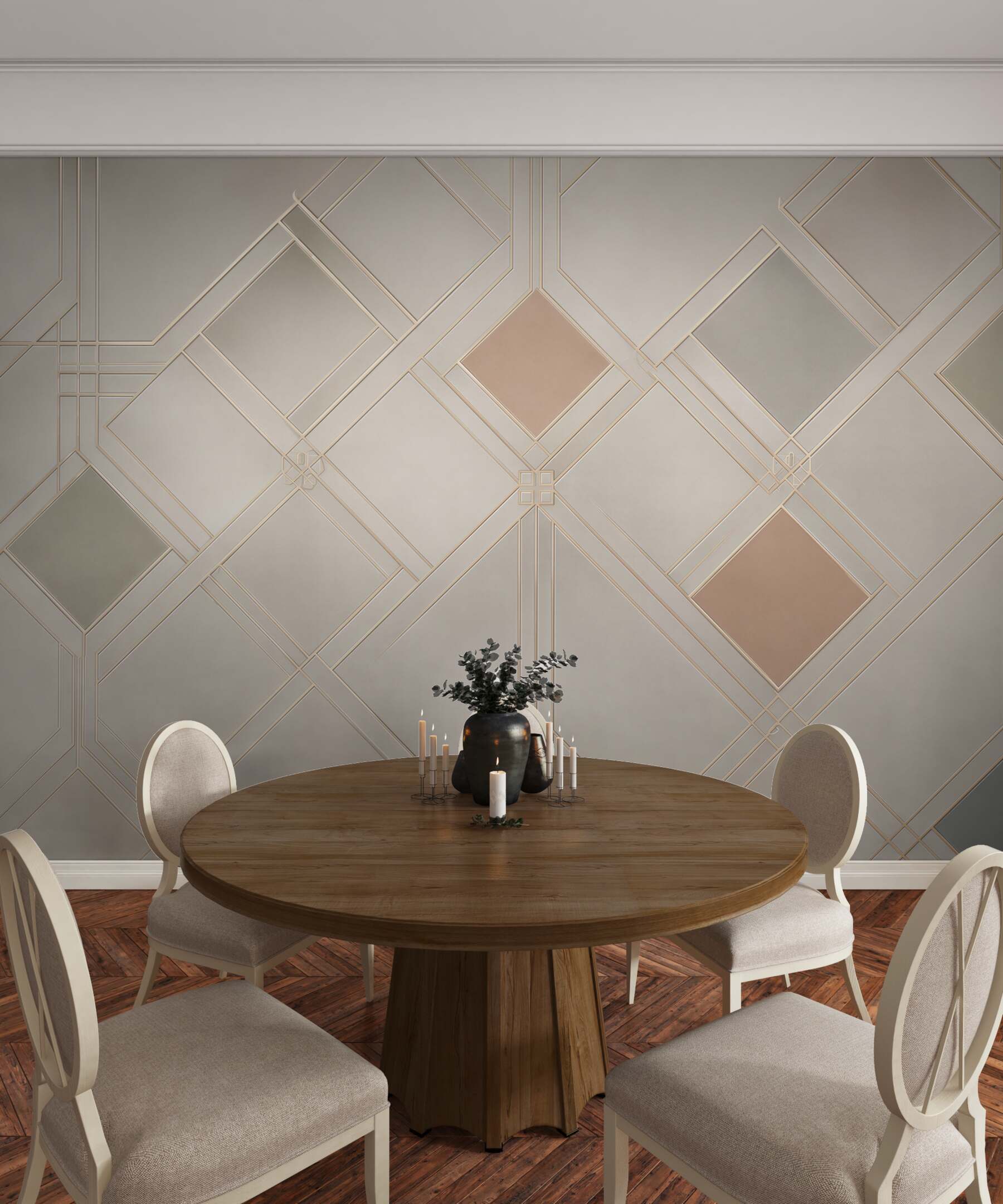 Fototapeta geometryczna kratka art deco beżowa z subtelnymi złotymi liniami?v23
