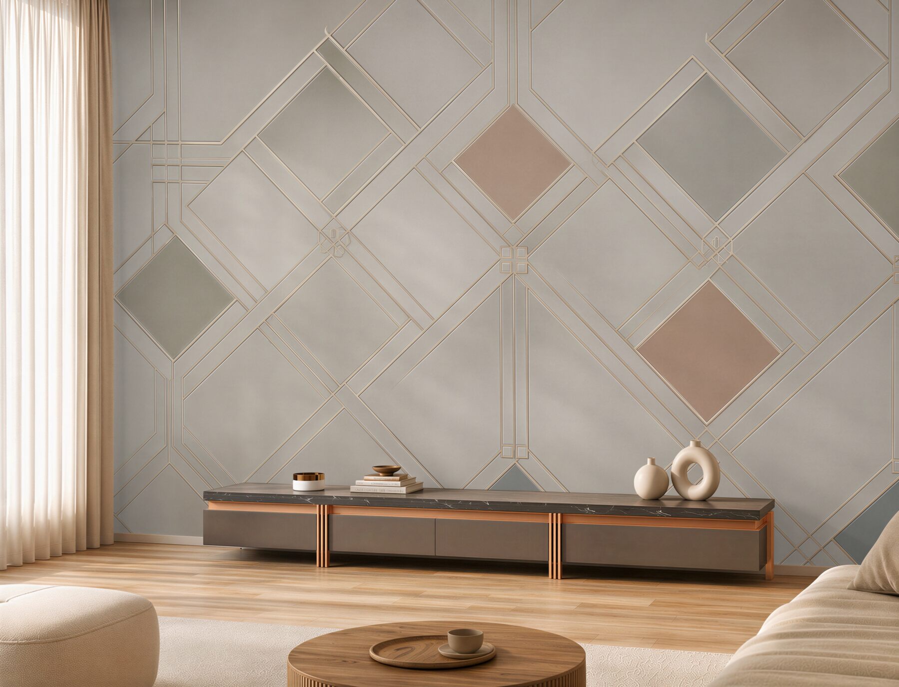Fototapeta geometryczna kratka art deco beżowa z subtelnymi złotymi liniami?v23