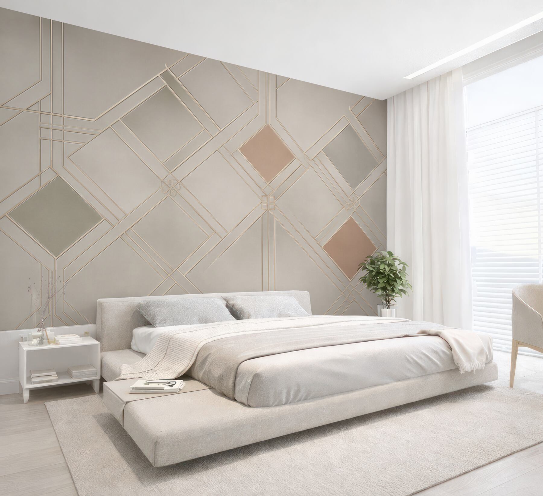 Fototapeta geometryczna kratka art deco beżowa z subtelnymi złotymi liniami?v23