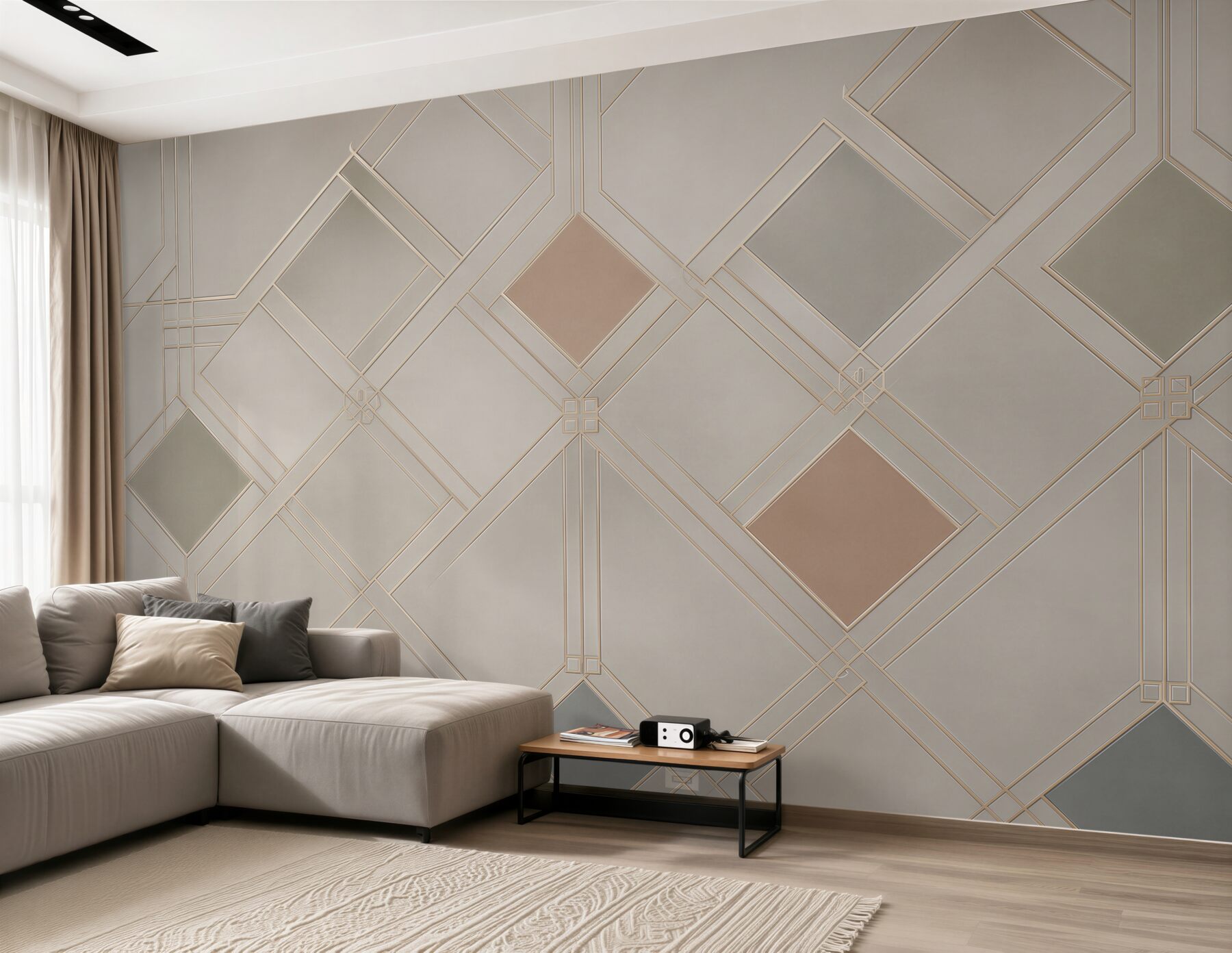 Fototapeta geometryczna kratka art deco beżowa z subtelnymi złotymi liniami?v23